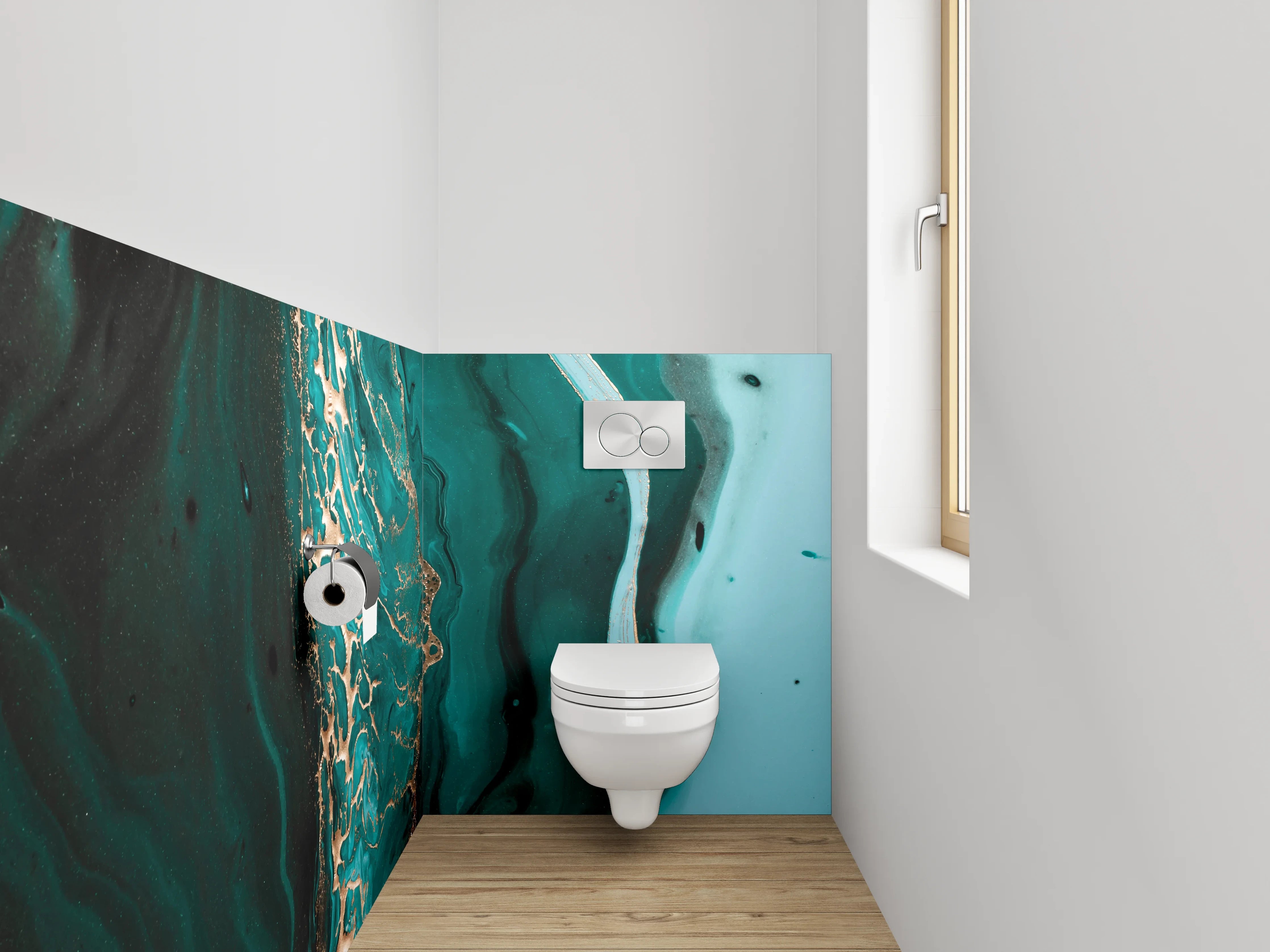 WC-Rückwand - Abstrakte Türkis-Gold Marmor Optik