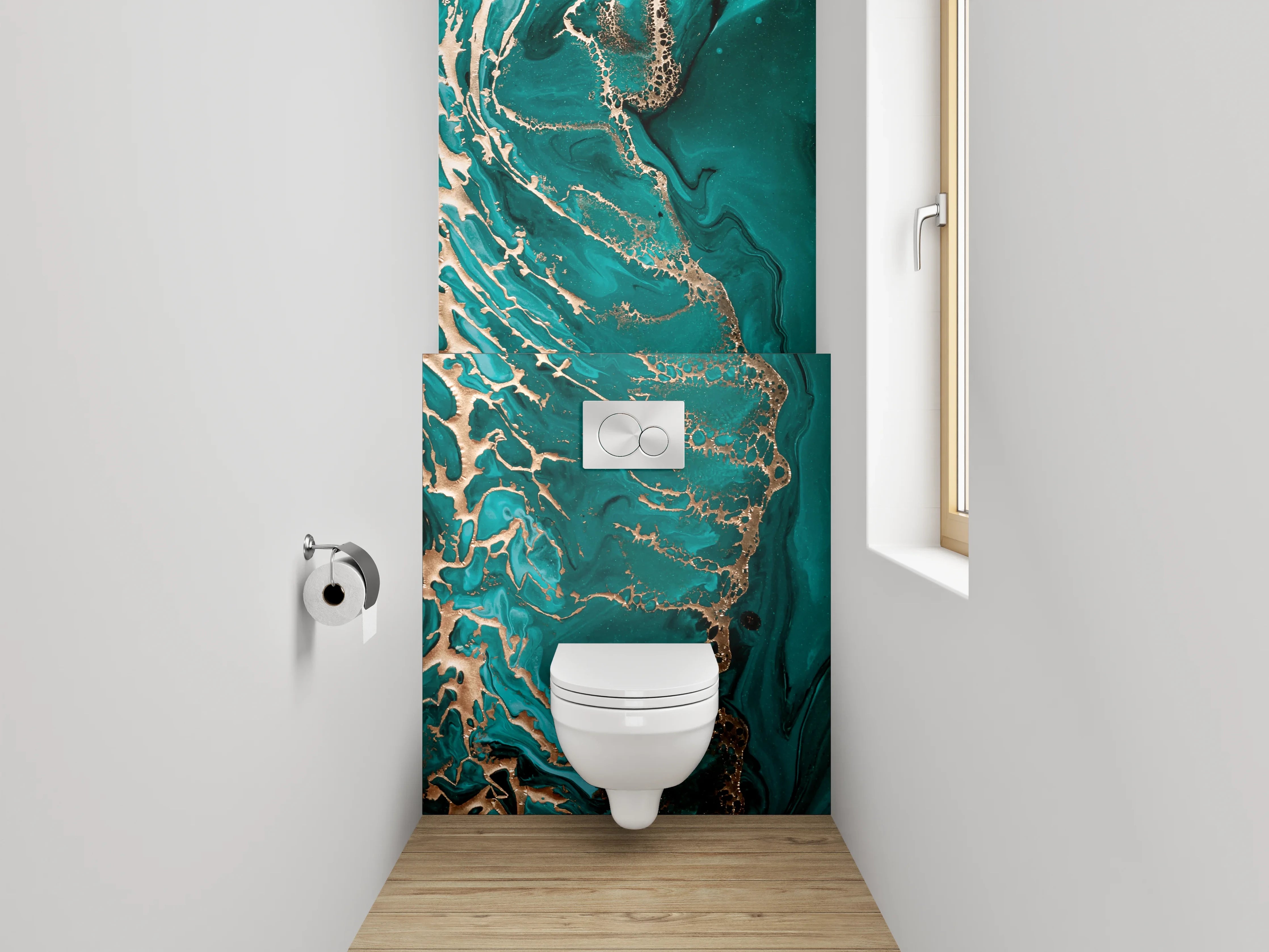 WC-Rückwand - Abstrakte Türkis-Gold Marmor Optik