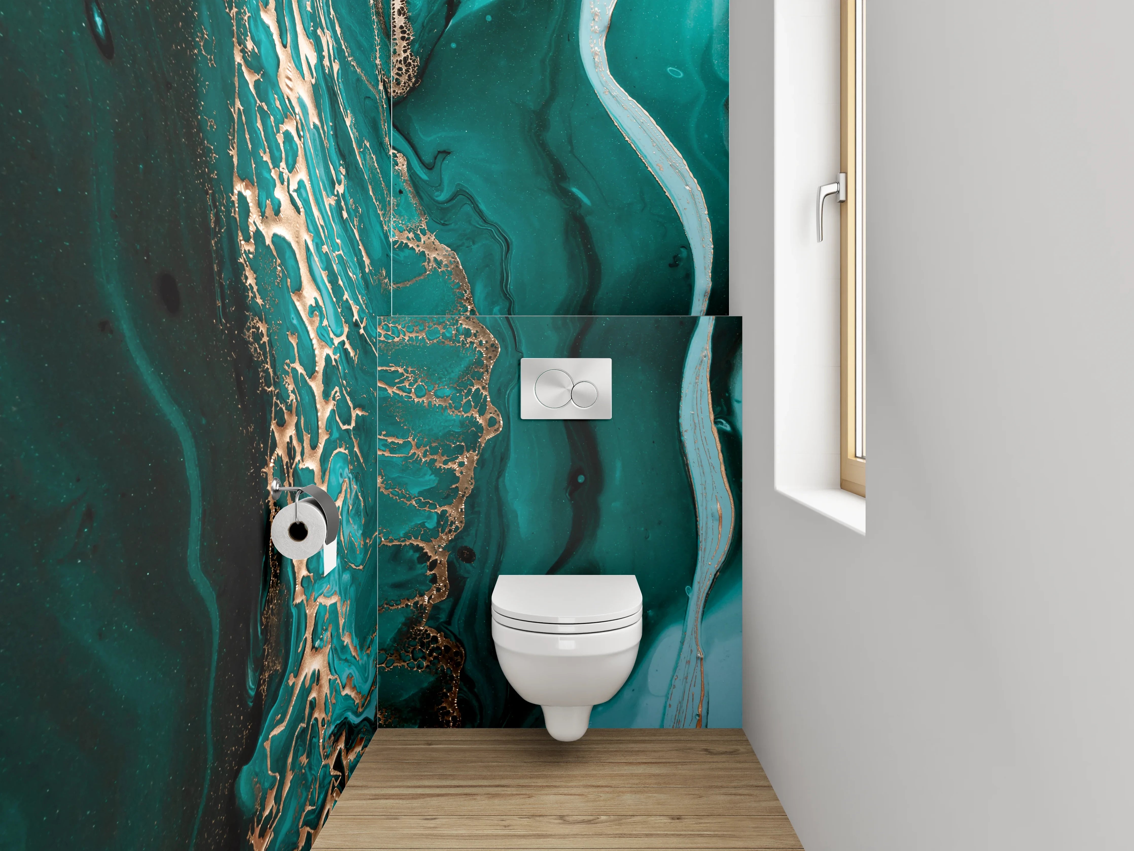 WC-Rückwand - Abstrakte Türkis-Gold Marmor Optik