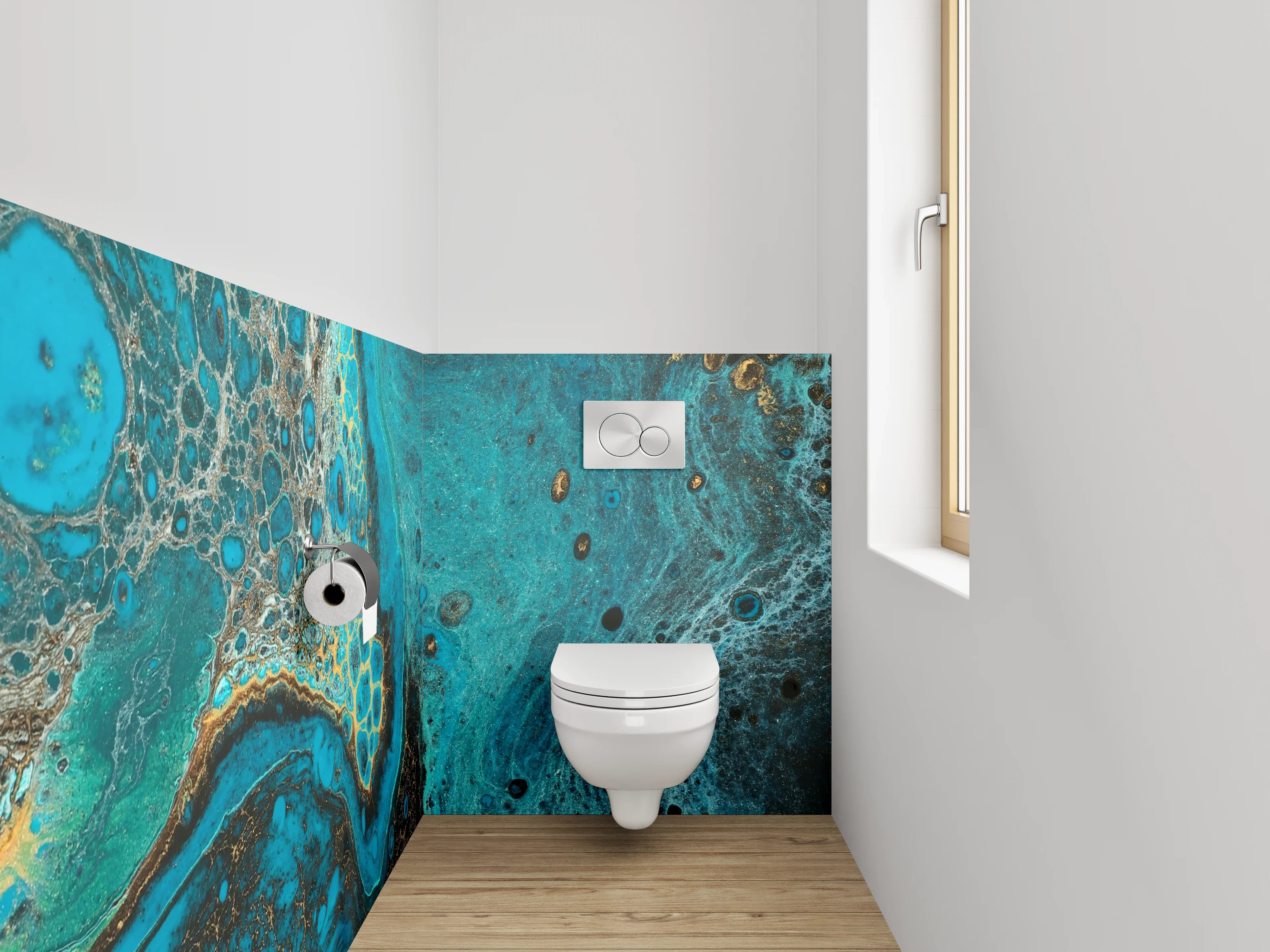 WC-Rückwand - Abstrakte Türkis-Gold Marmoroptik