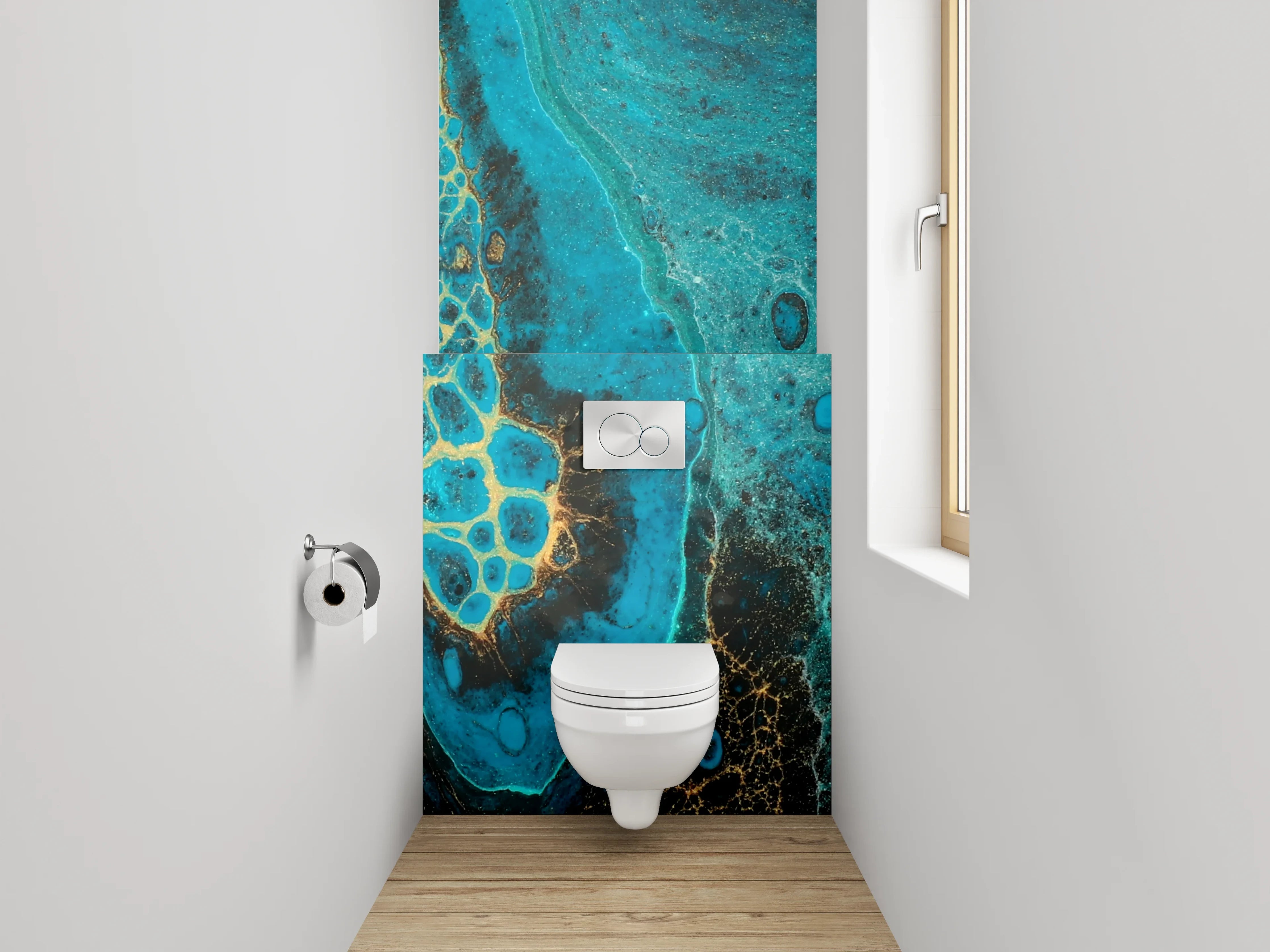 WC-Rückwand - Abstrakte Türkis-Gold Marmoroptik