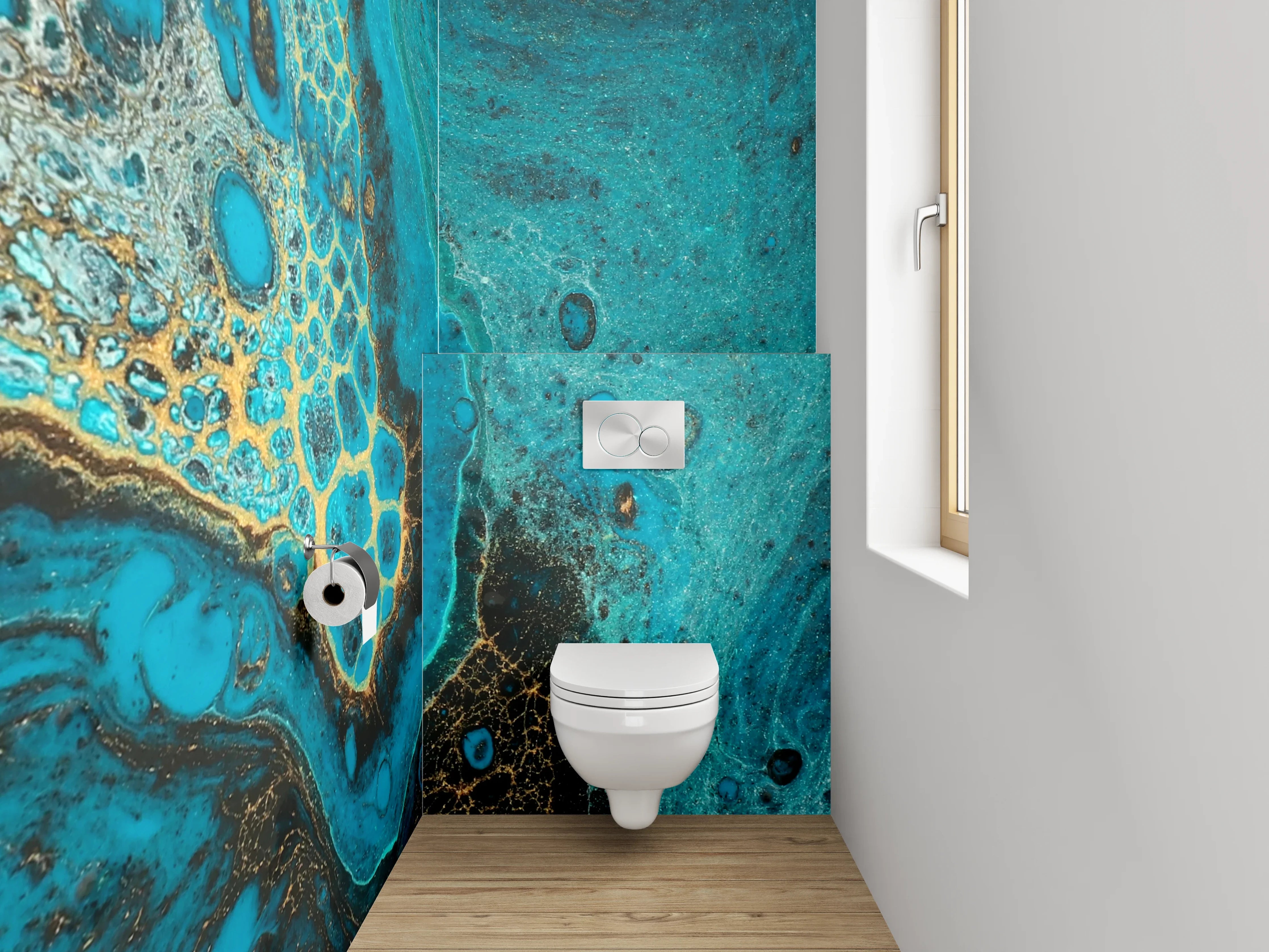 WC-Rückwand - Abstrakte Türkis-Gold Marmoroptik
