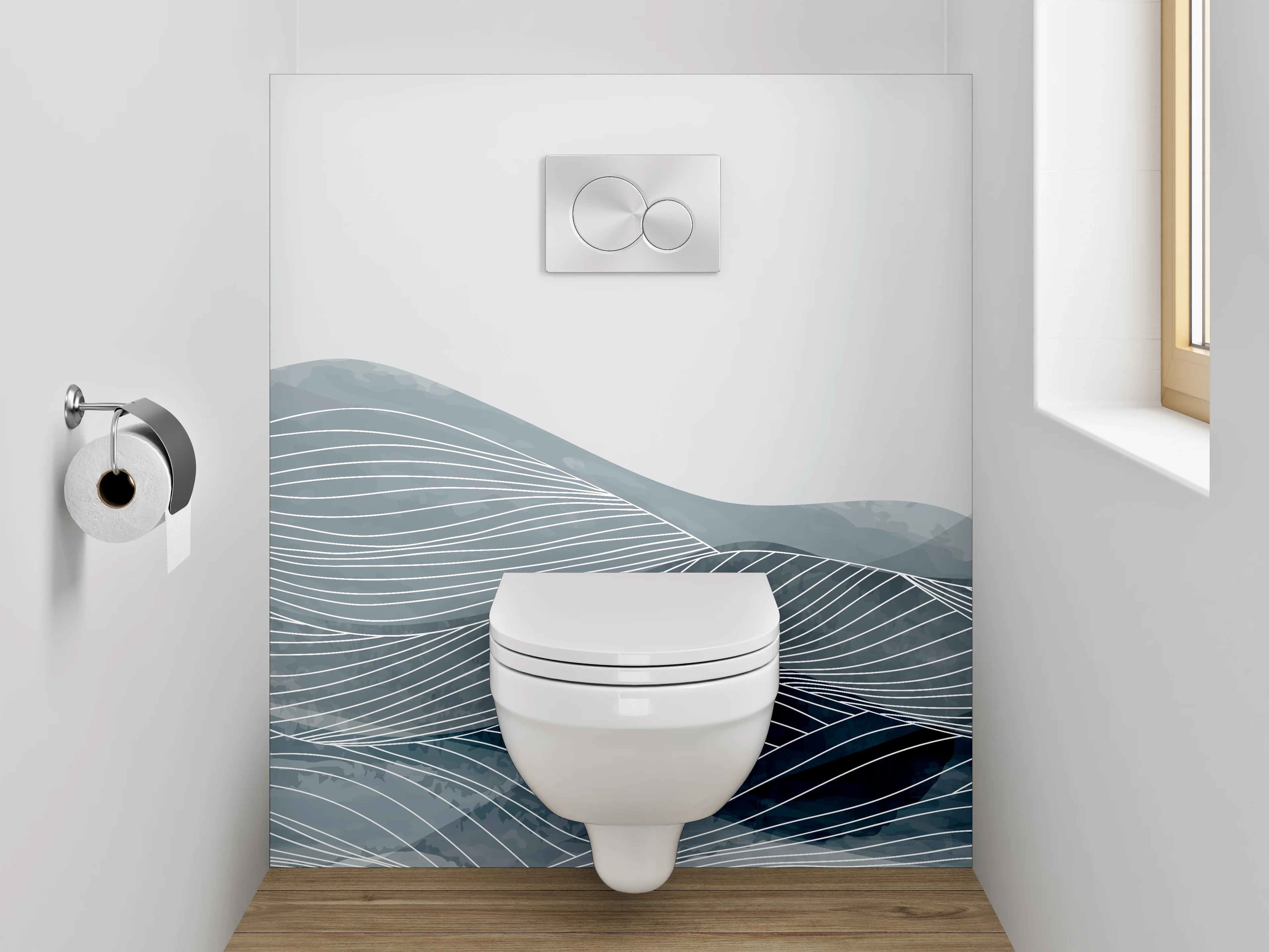 WC-Rückwand - Abstrakte Wasserwellen in Grau und Blau