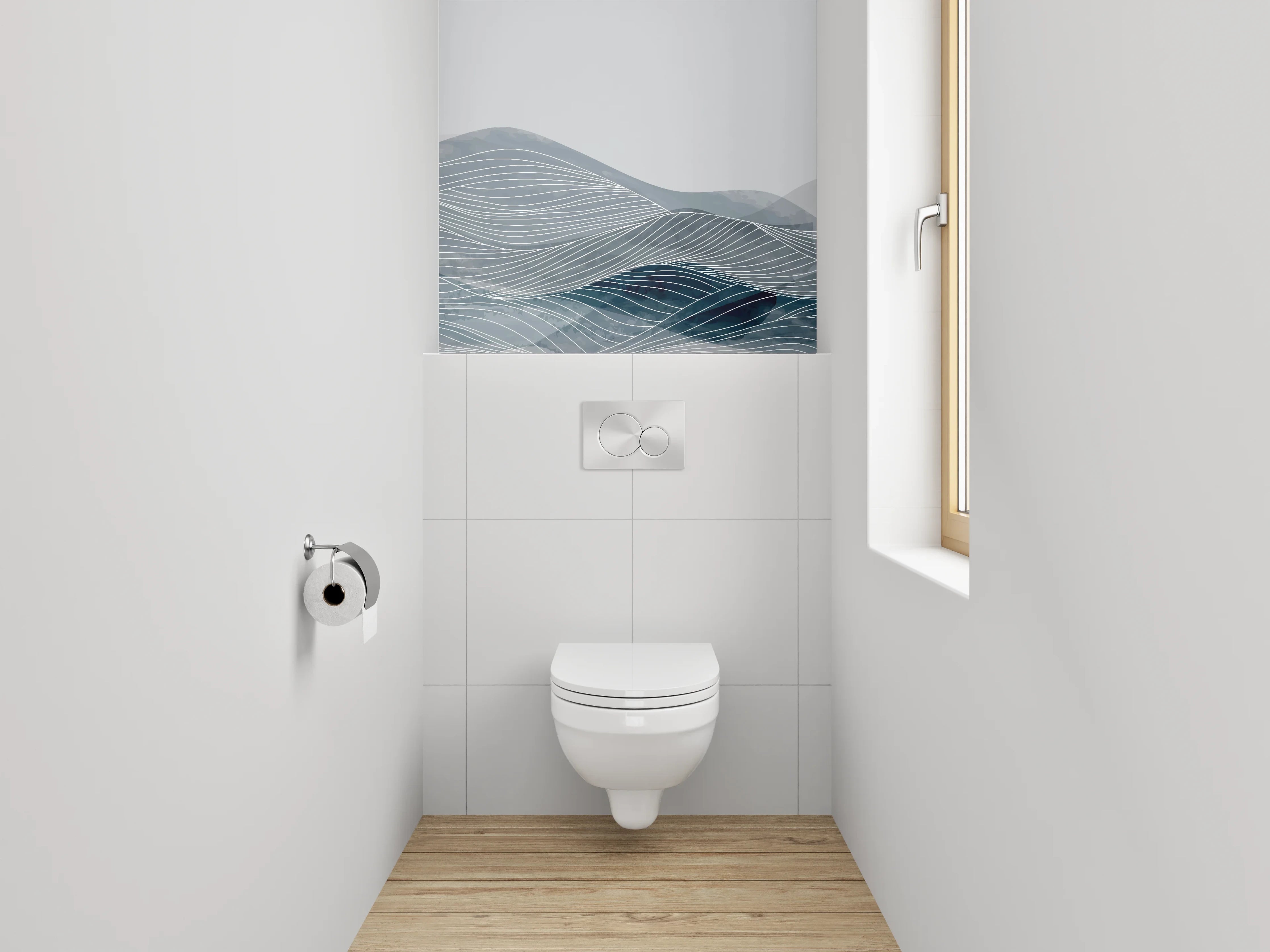 WC-Rückwand - Abstrakte Wasserwellen in Grau und Blau