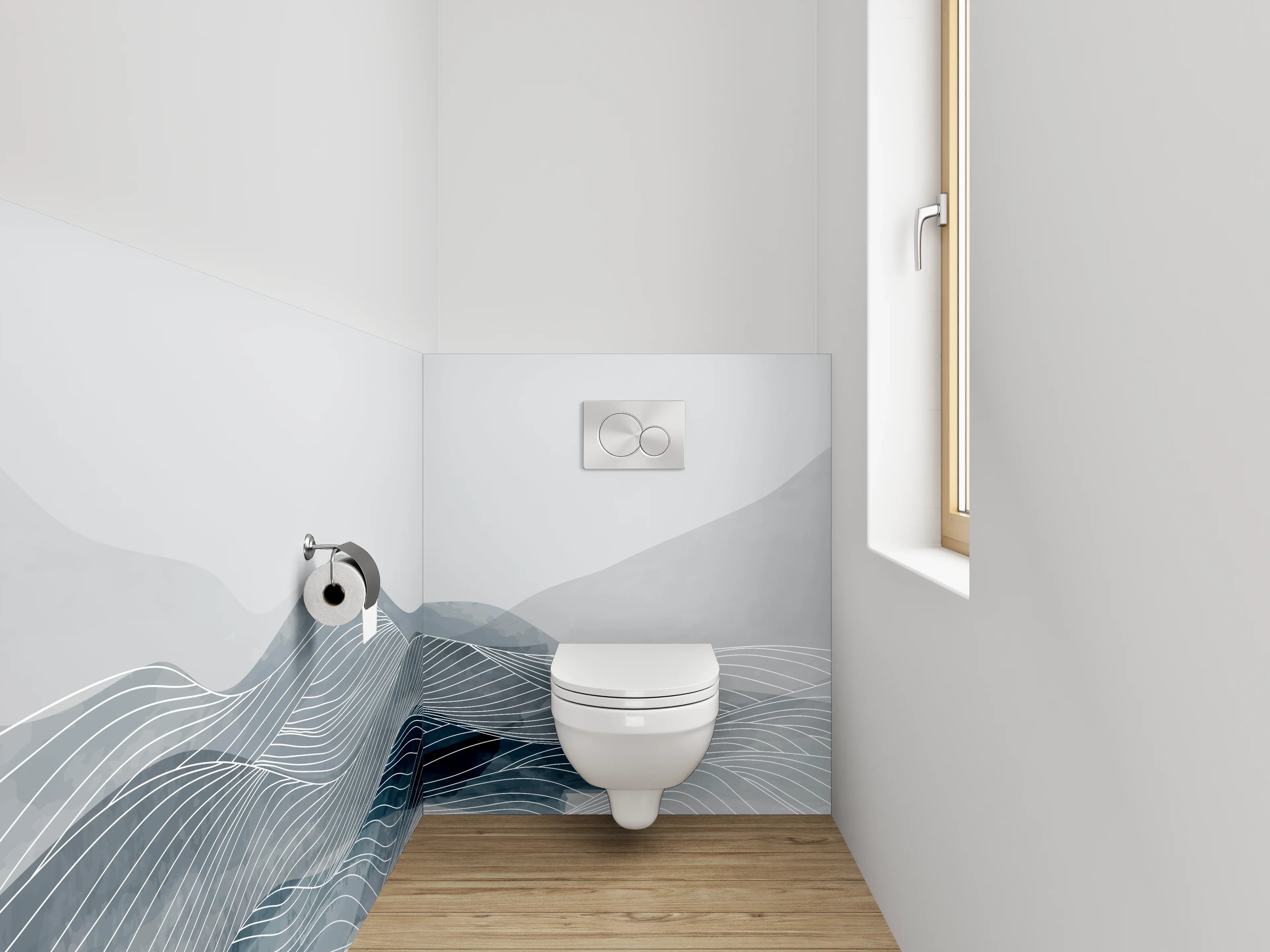 WC-Rückwand - Abstrakte Wasserwellen in Grau und Blau