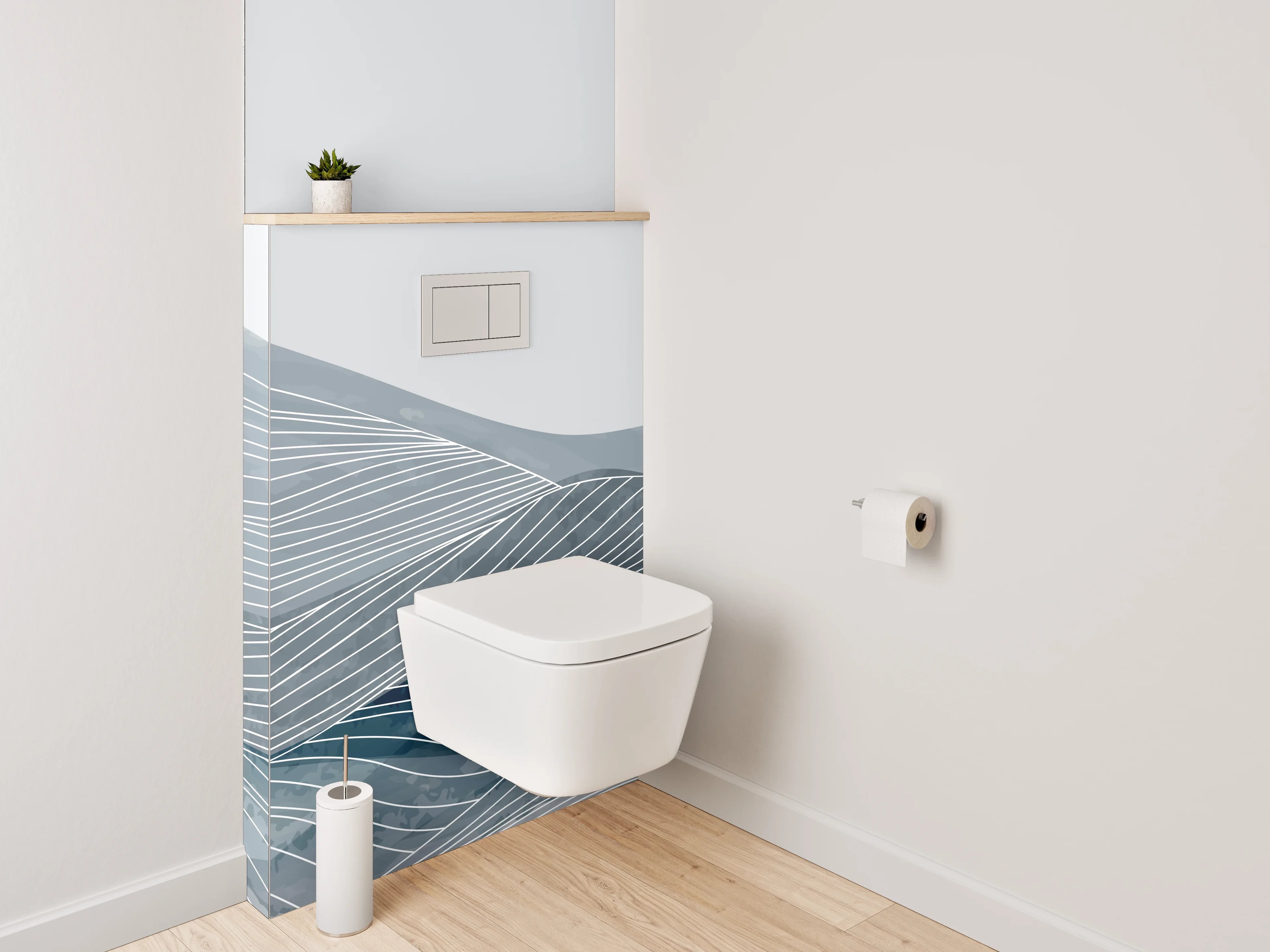 WC-Rückwand - Abstrakte Wasserwellen in Grau und Blau