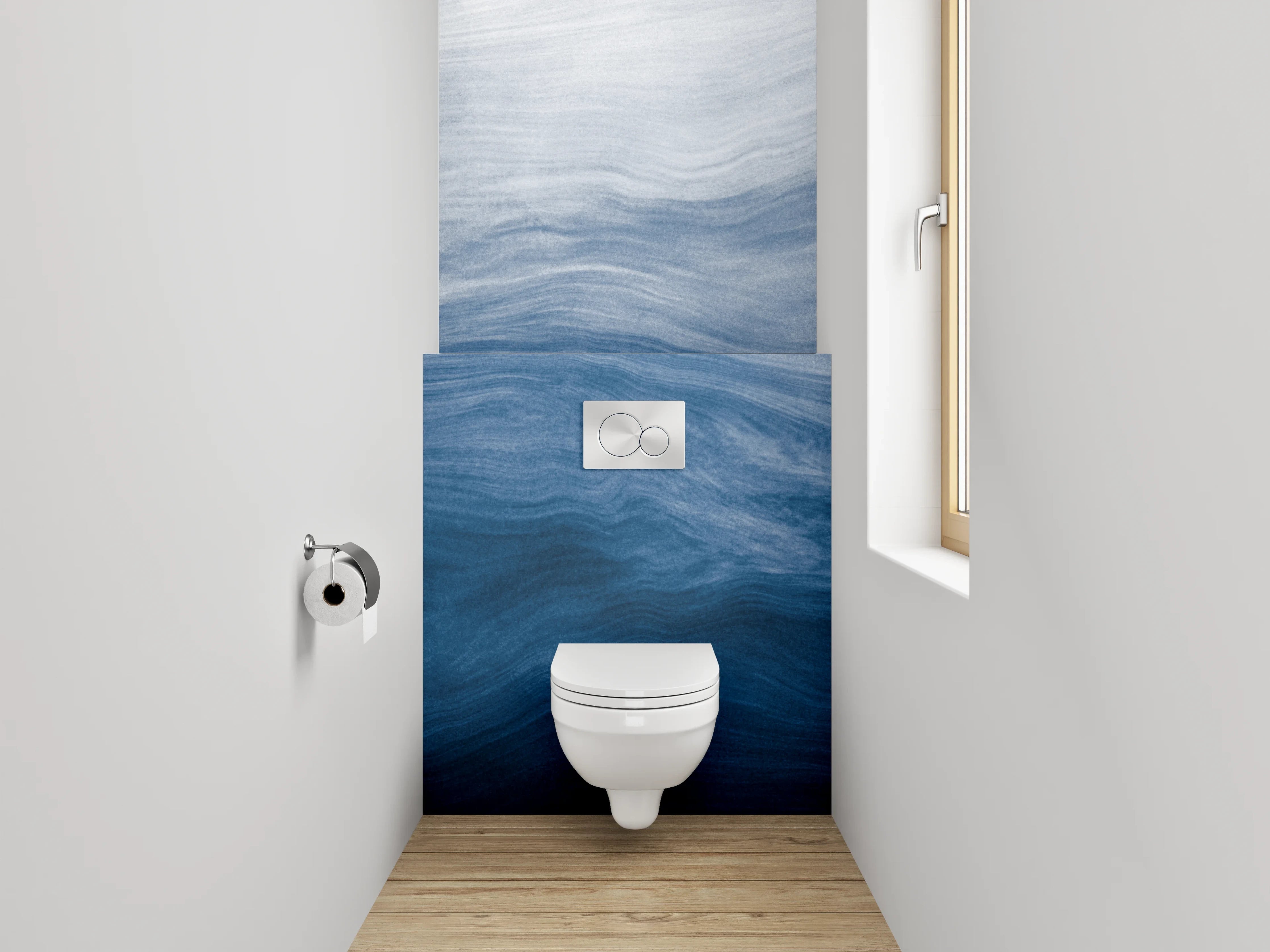WC-Rückwand - Abstrakte Wellen in Blau und Weiß