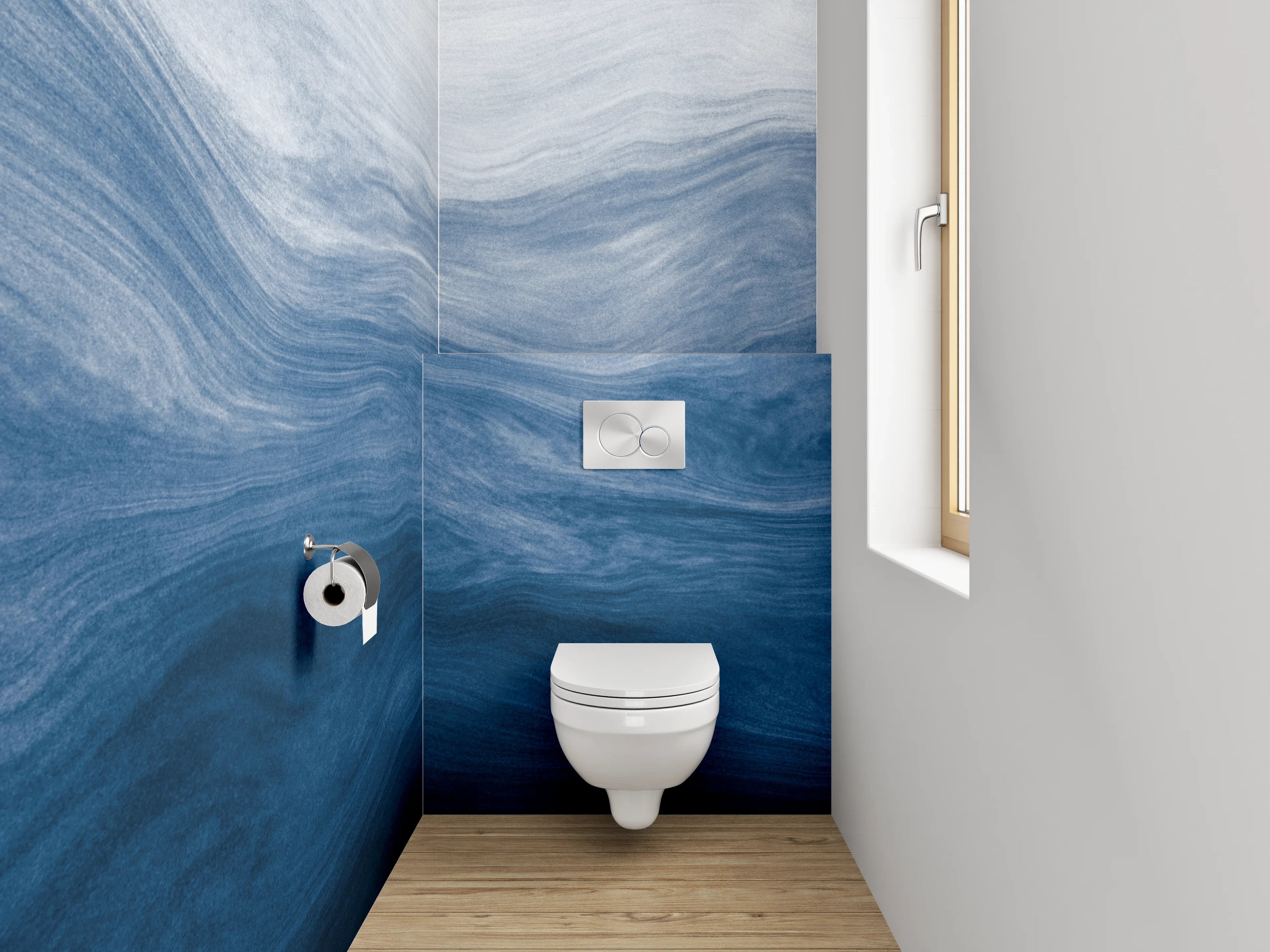 WC-Rückwand - Abstrakte Wellen in Blau und Weiß