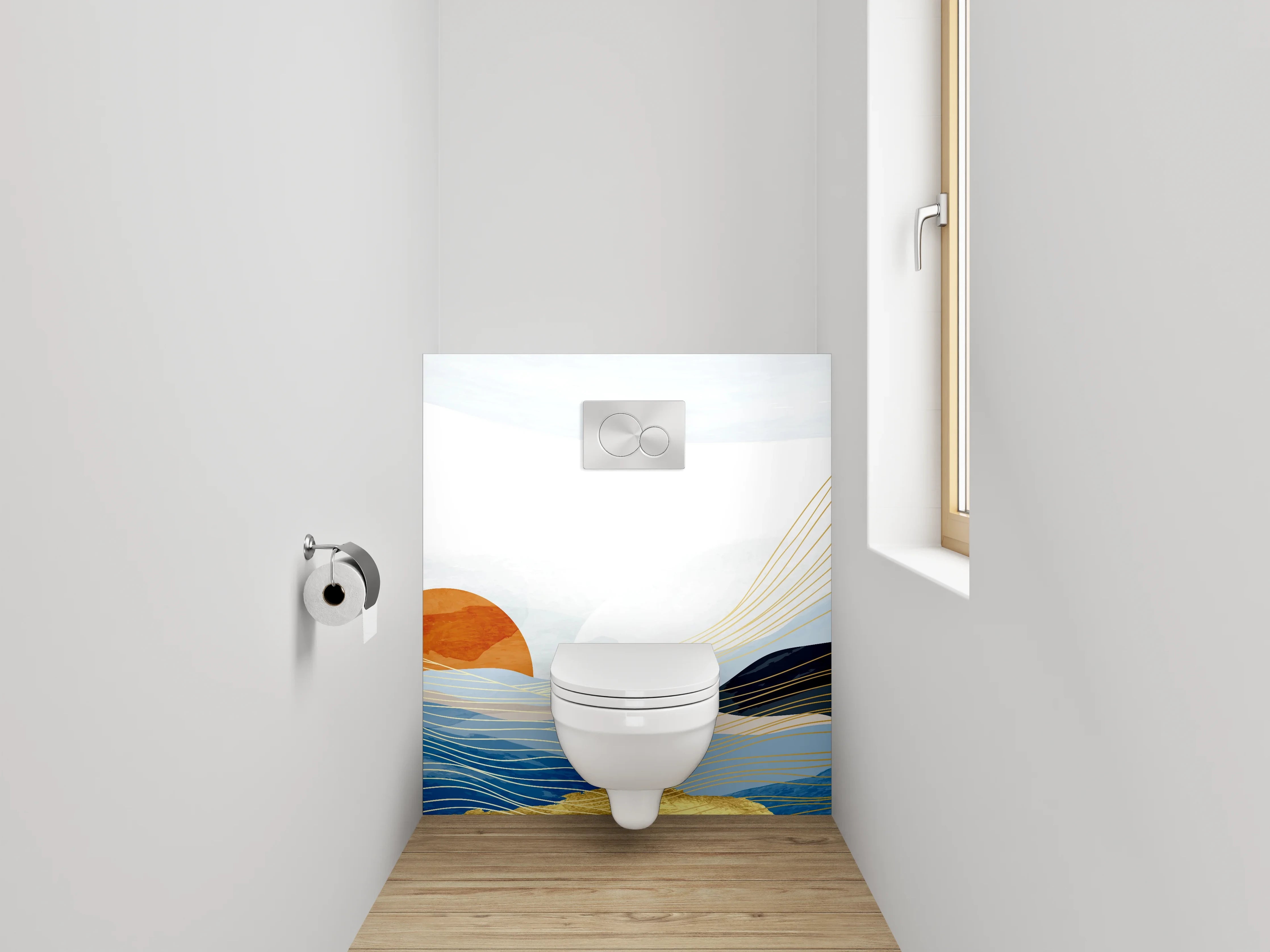 WC-Rückwand - Abstrakte Wellenlandschaft mit Sonnenaufgang