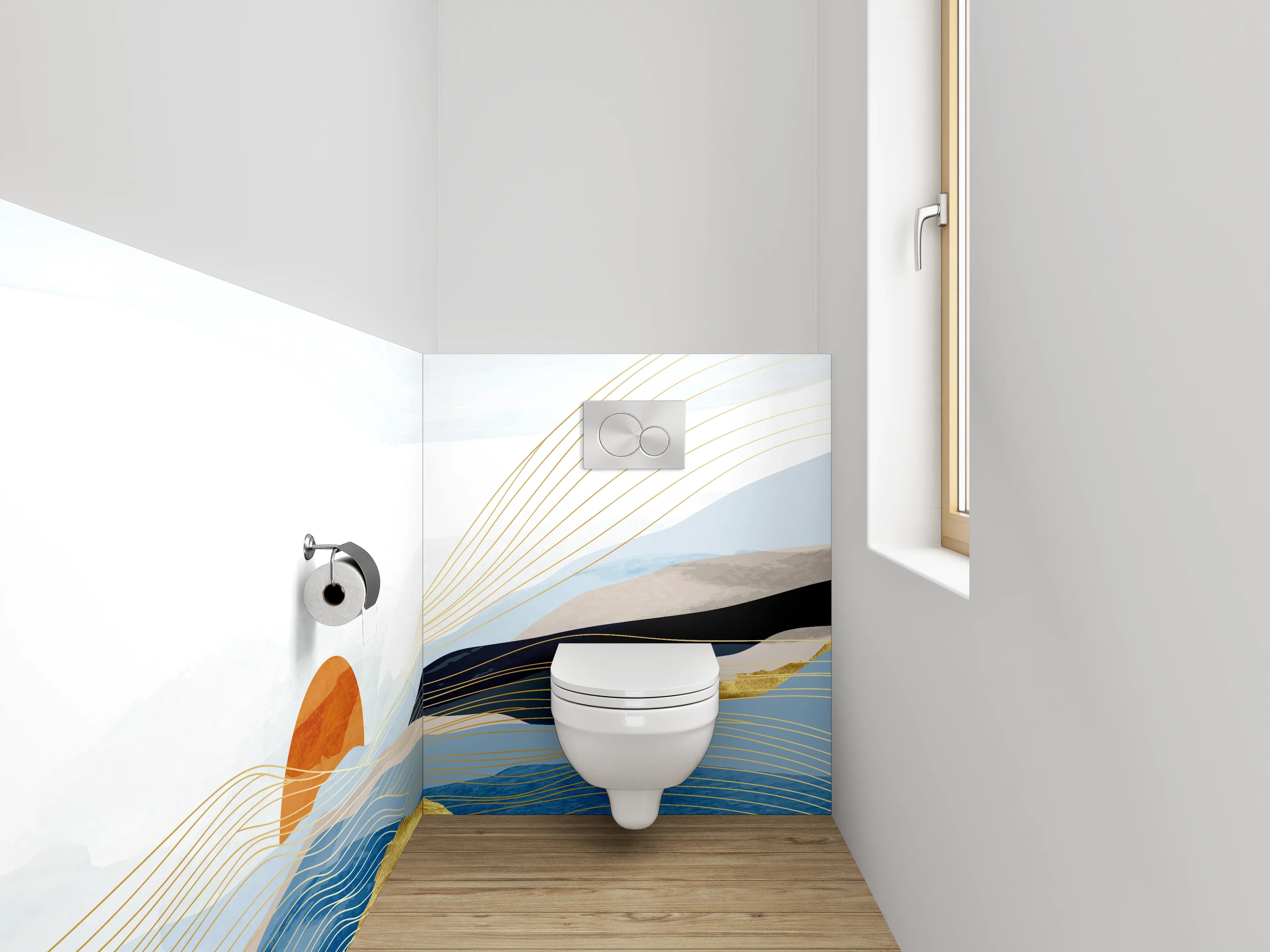 WC-Rückwand - Abstrakte Wellenlandschaft mit Sonnenaufgang