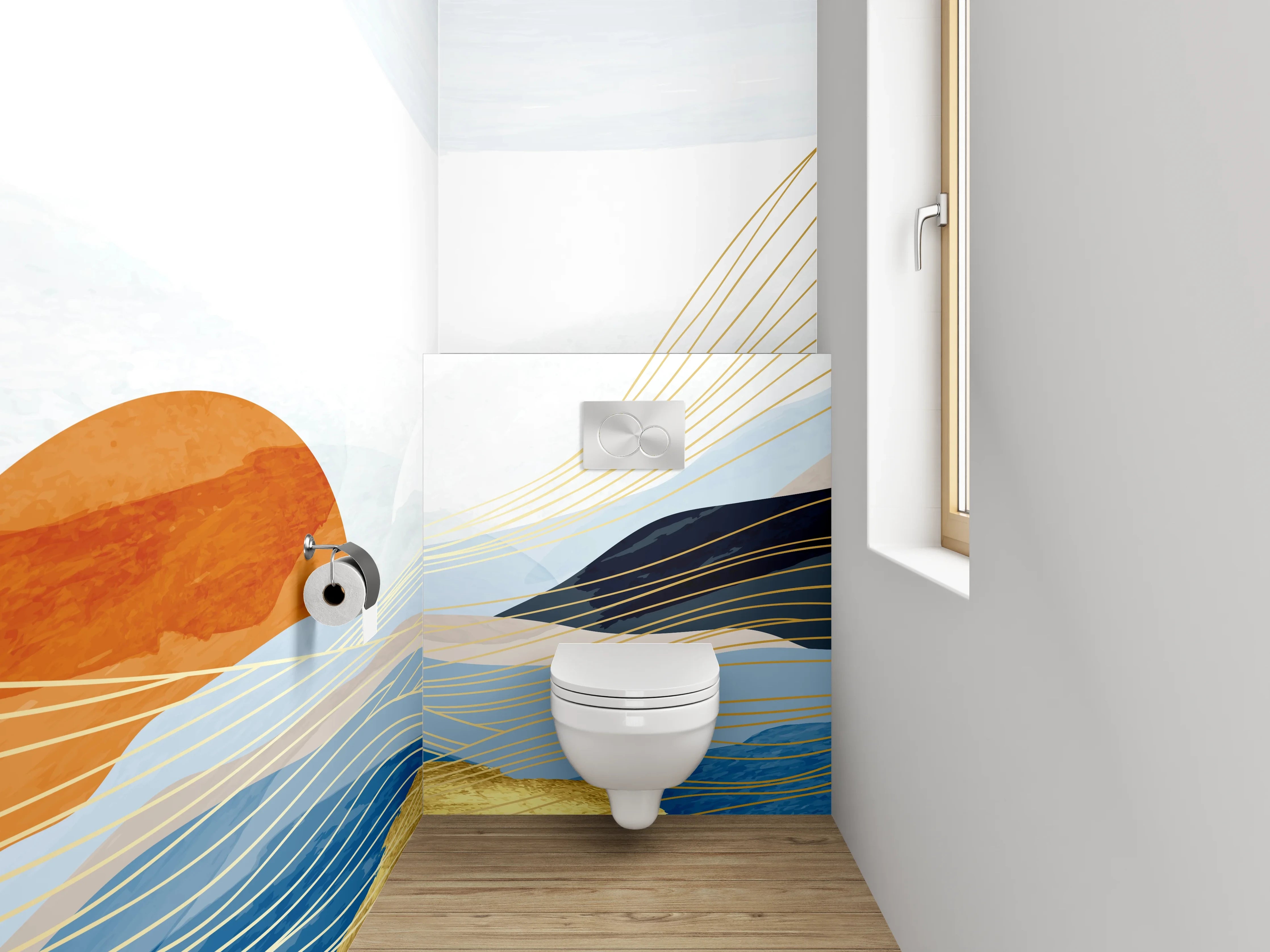 WC-Rückwand - Abstrakte Wellenlandschaft mit Sonnenaufgang