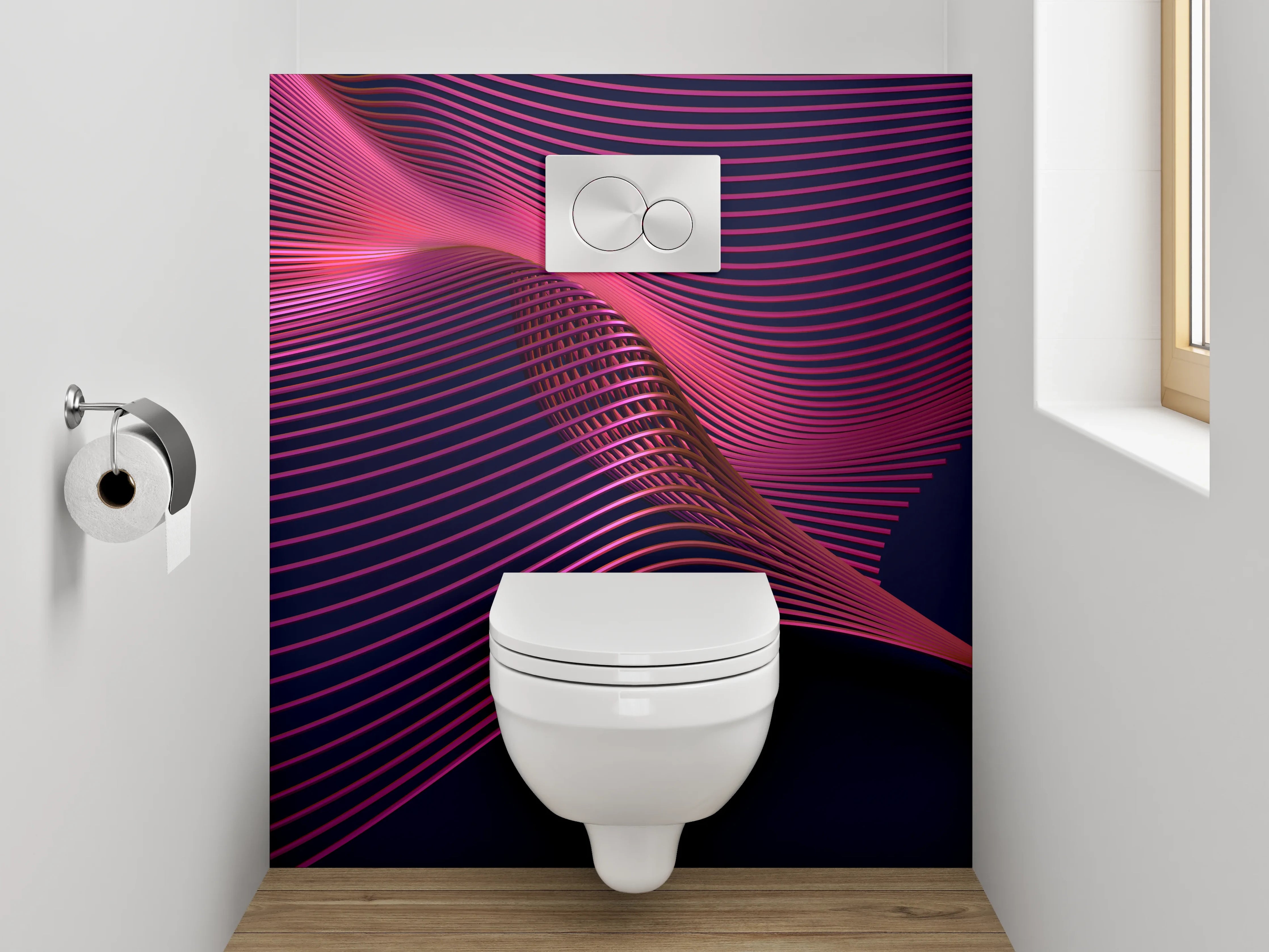 WC-Rückwand - Abstrakte Wellenlinien in Pink und Dunkelblau