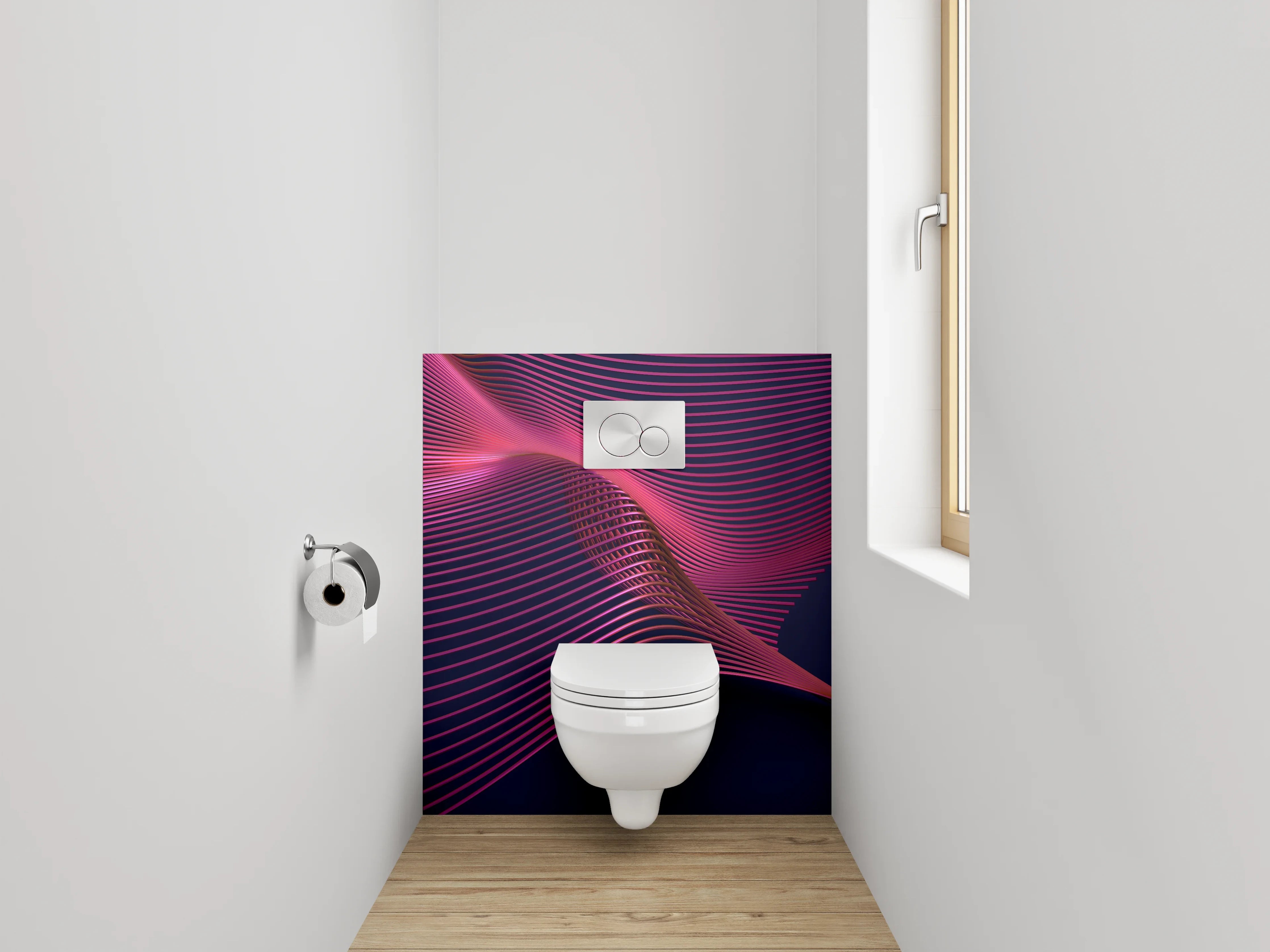 WC-Rückwand - Abstrakte Wellenlinien in Pink und Dunkelblau