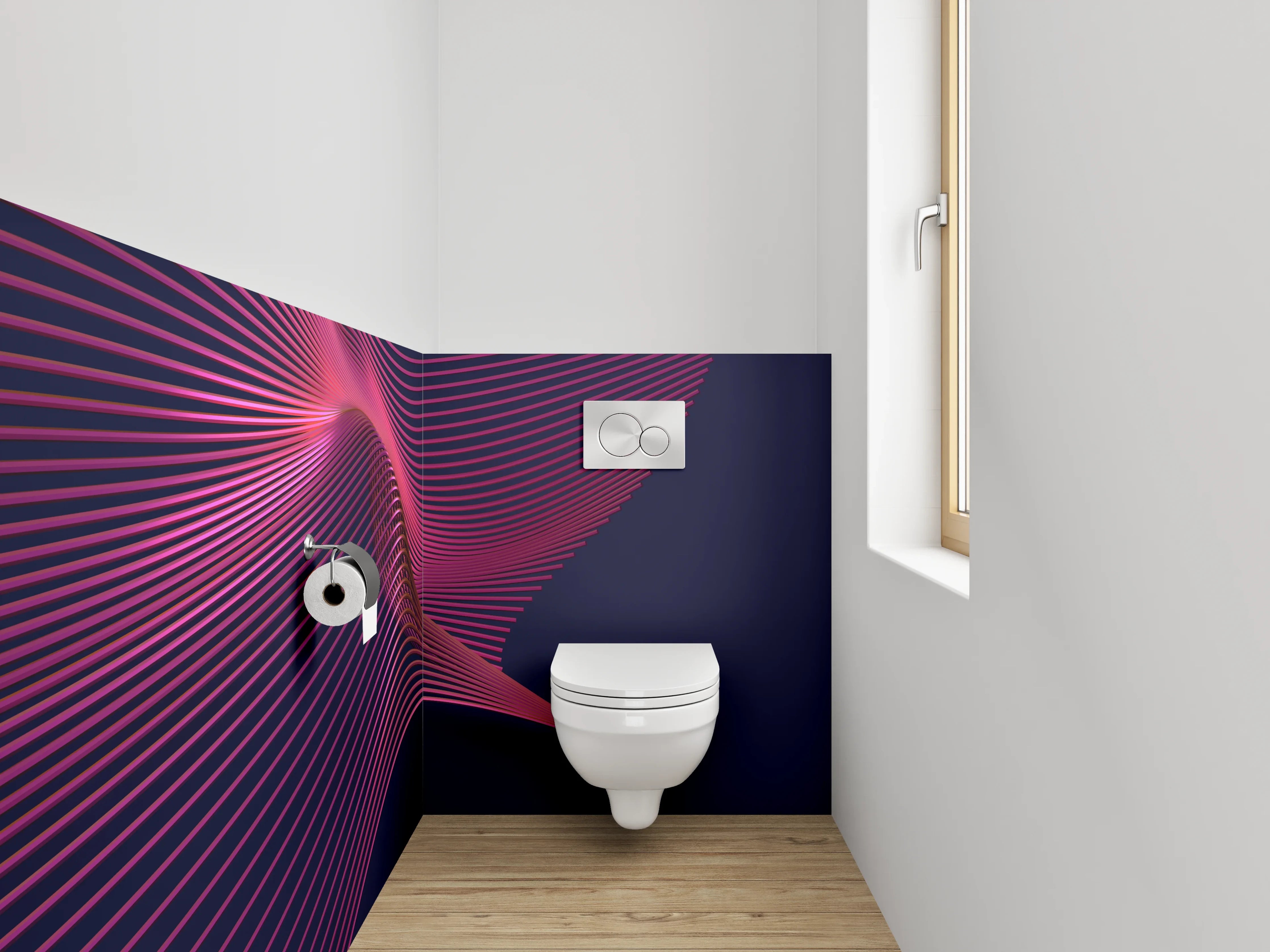 WC-Rückwand - Abstrakte Wellenlinien in Pink und Dunkelblau