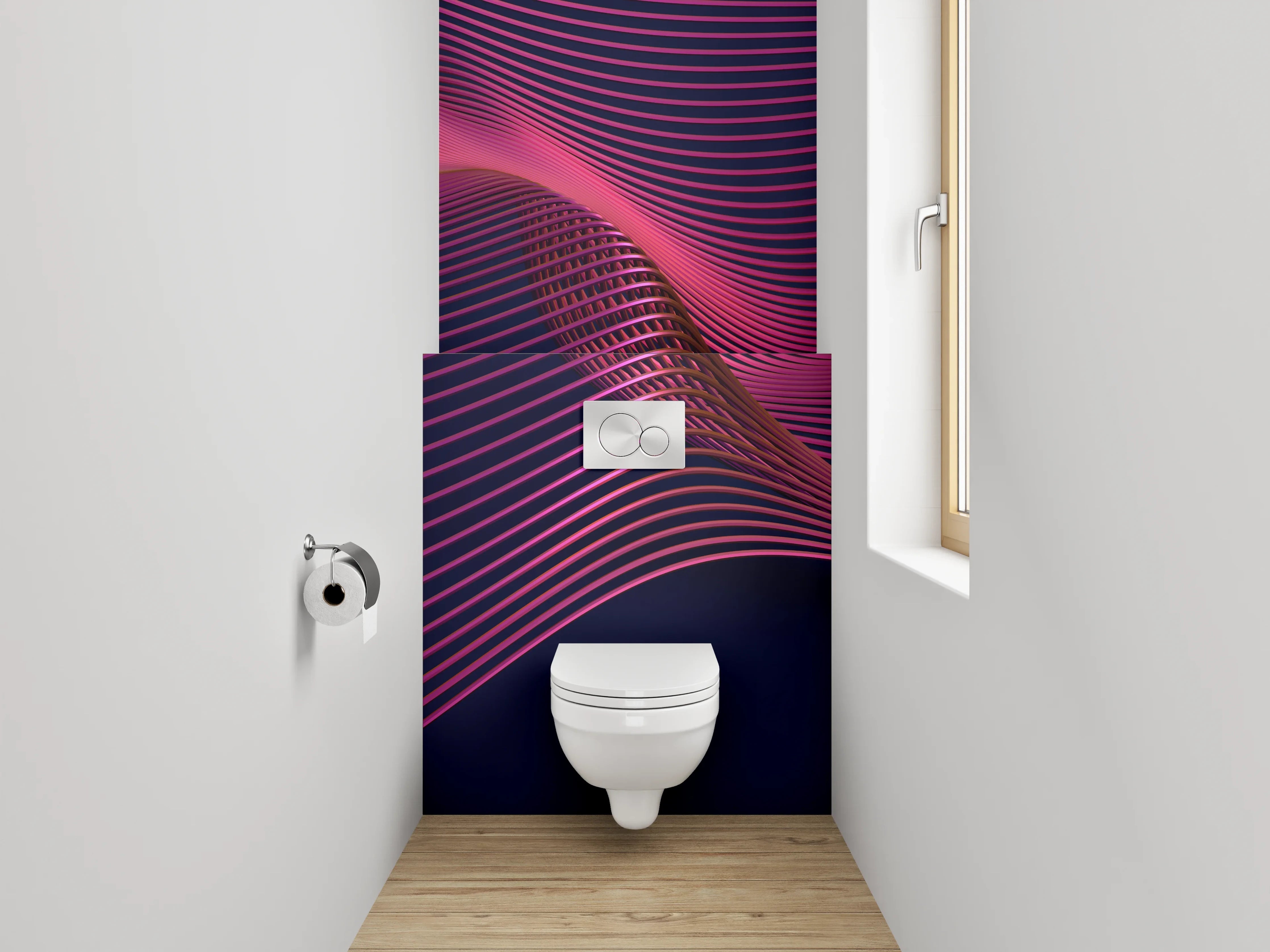WC-Rückwand - Abstrakte Wellenlinien in Pink und Dunkelblau