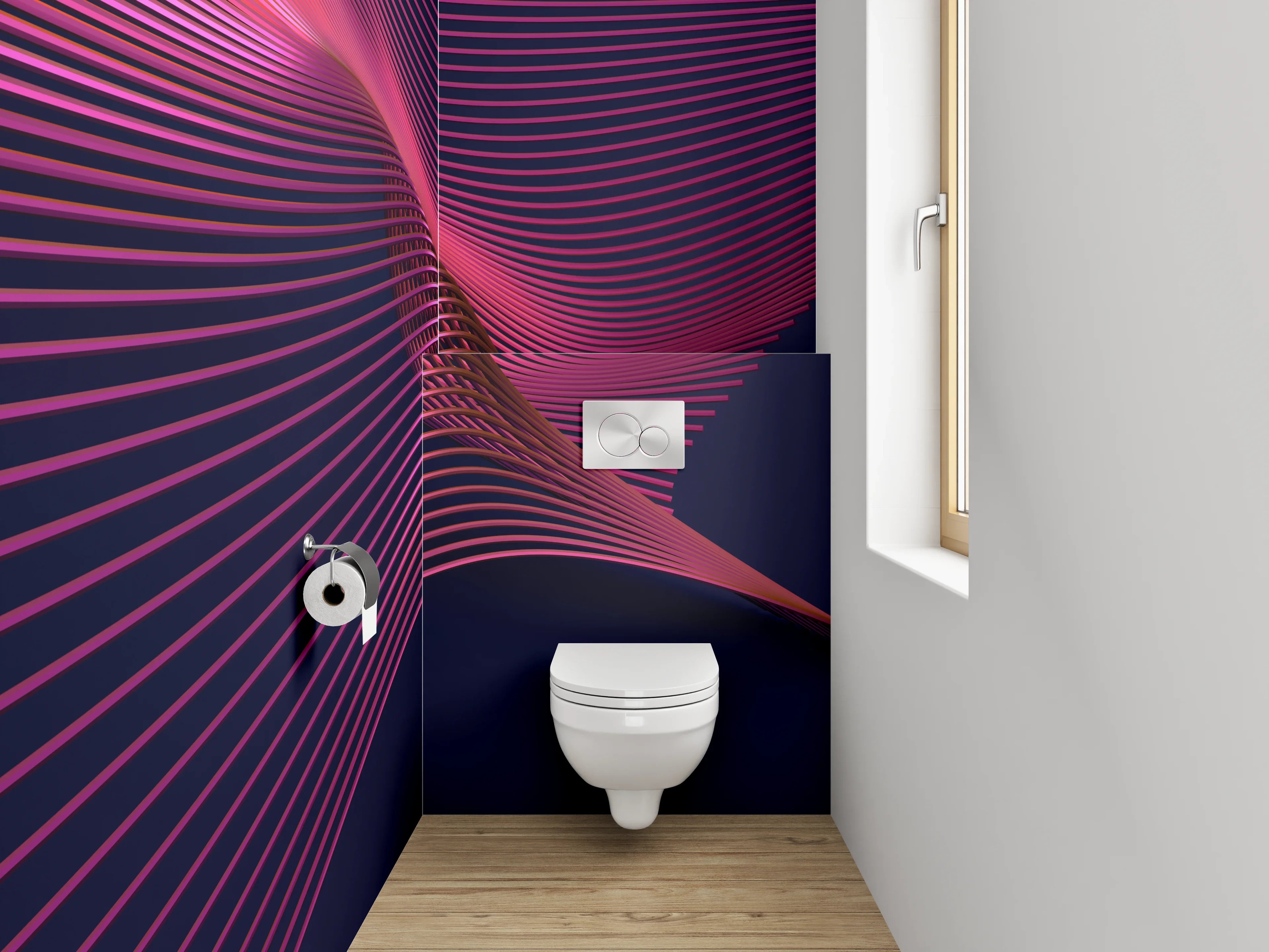 WC-Rückwand - Abstrakte Wellenlinien in Pink und Dunkelblau
