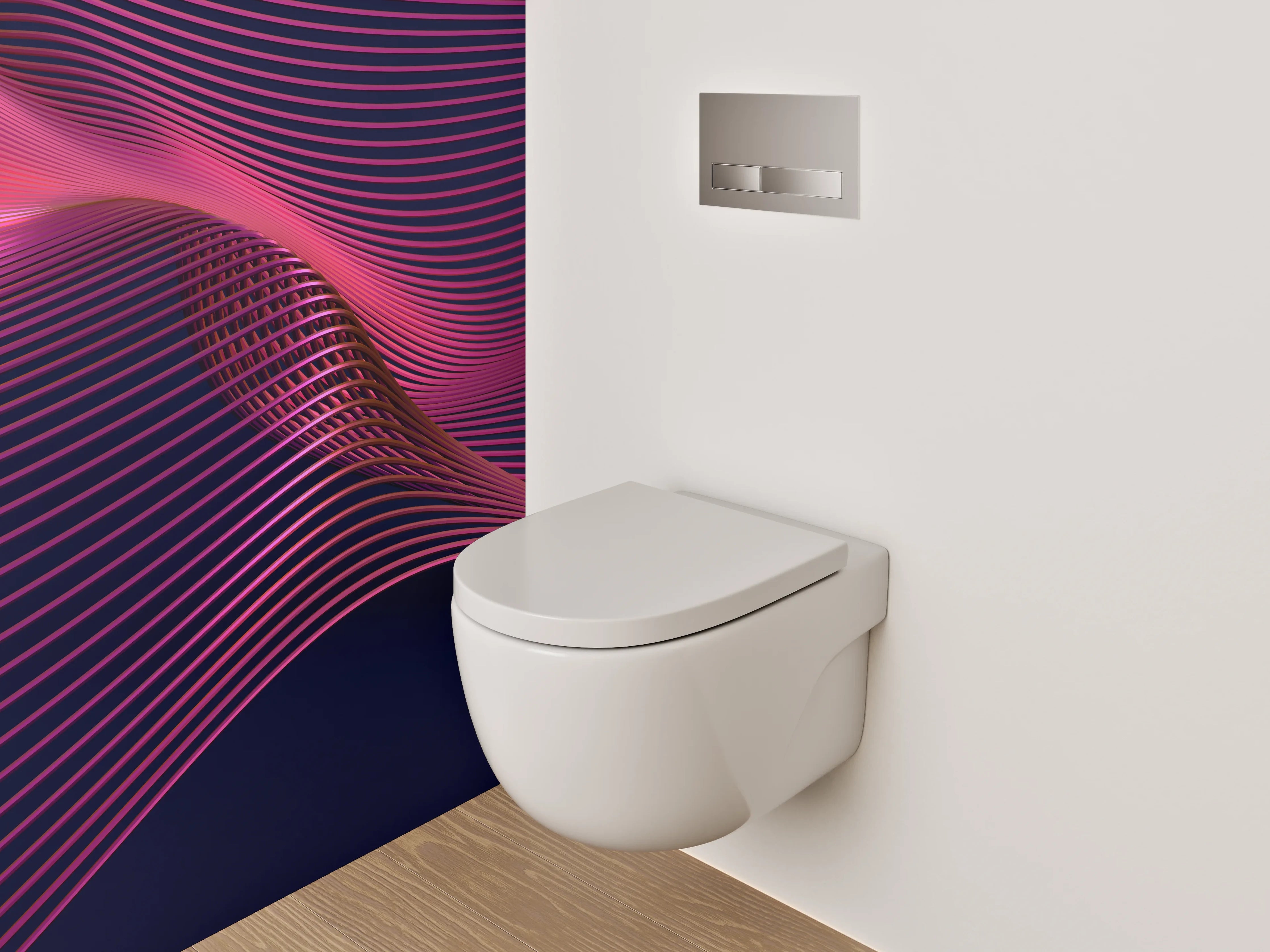 WC-Rückwand - Abstrakte Wellenlinien in Pink und Dunkelblau