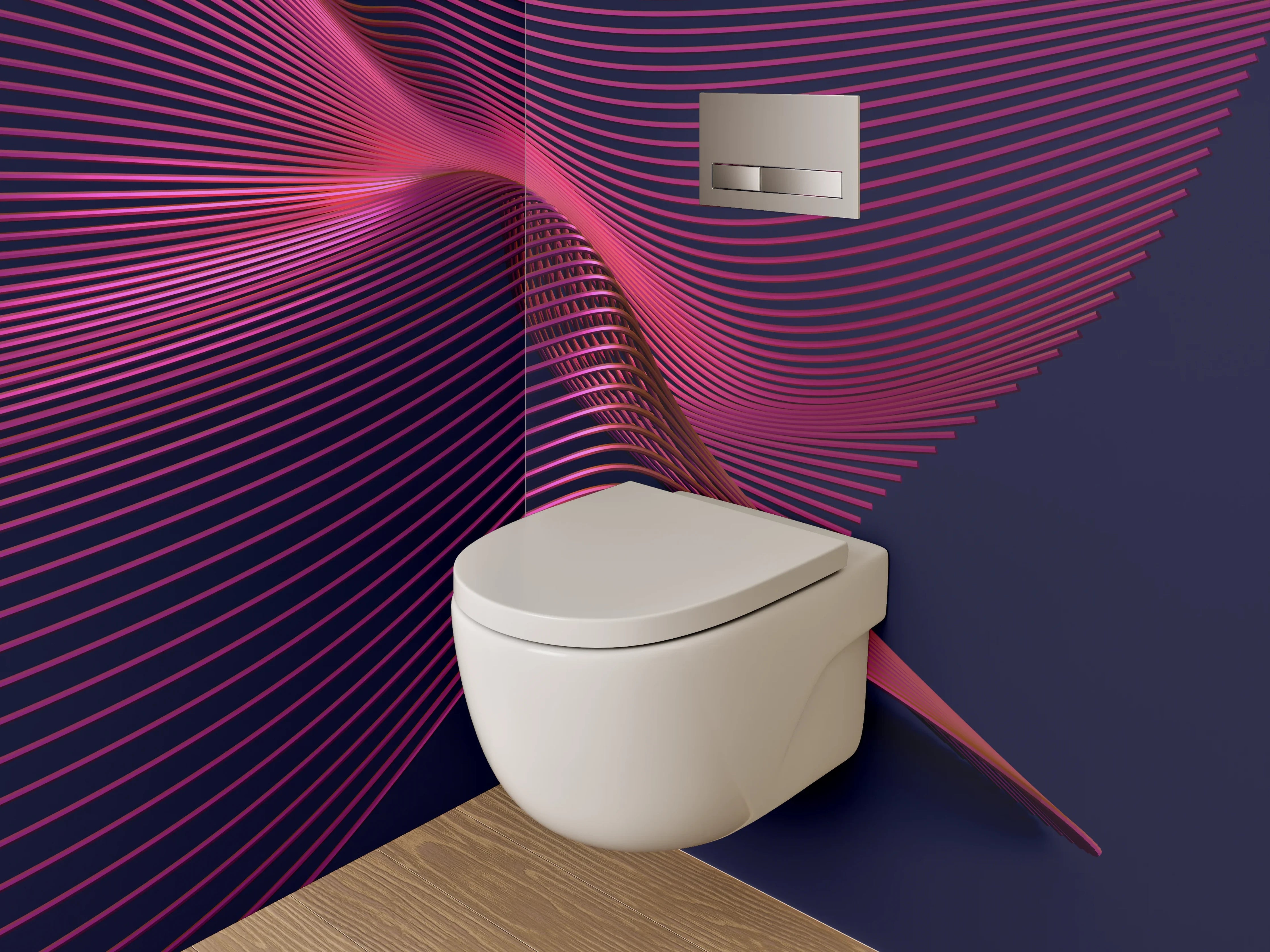 WC-Rückwand - Abstrakte Wellenlinien in Pink und Dunkelblau