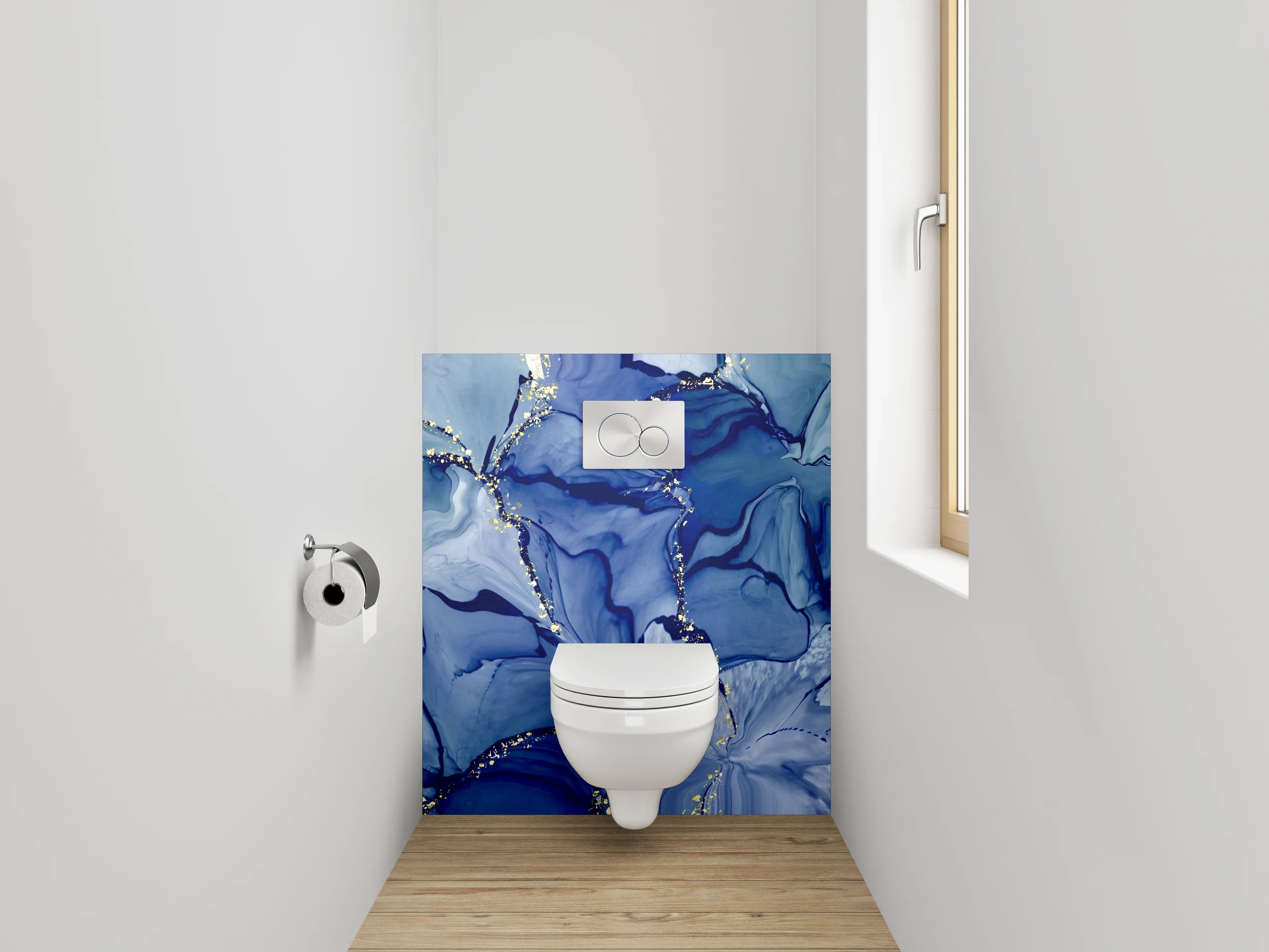 WC-Rückwand - Abstrakte blaue Aquarellkunst mit Gold
