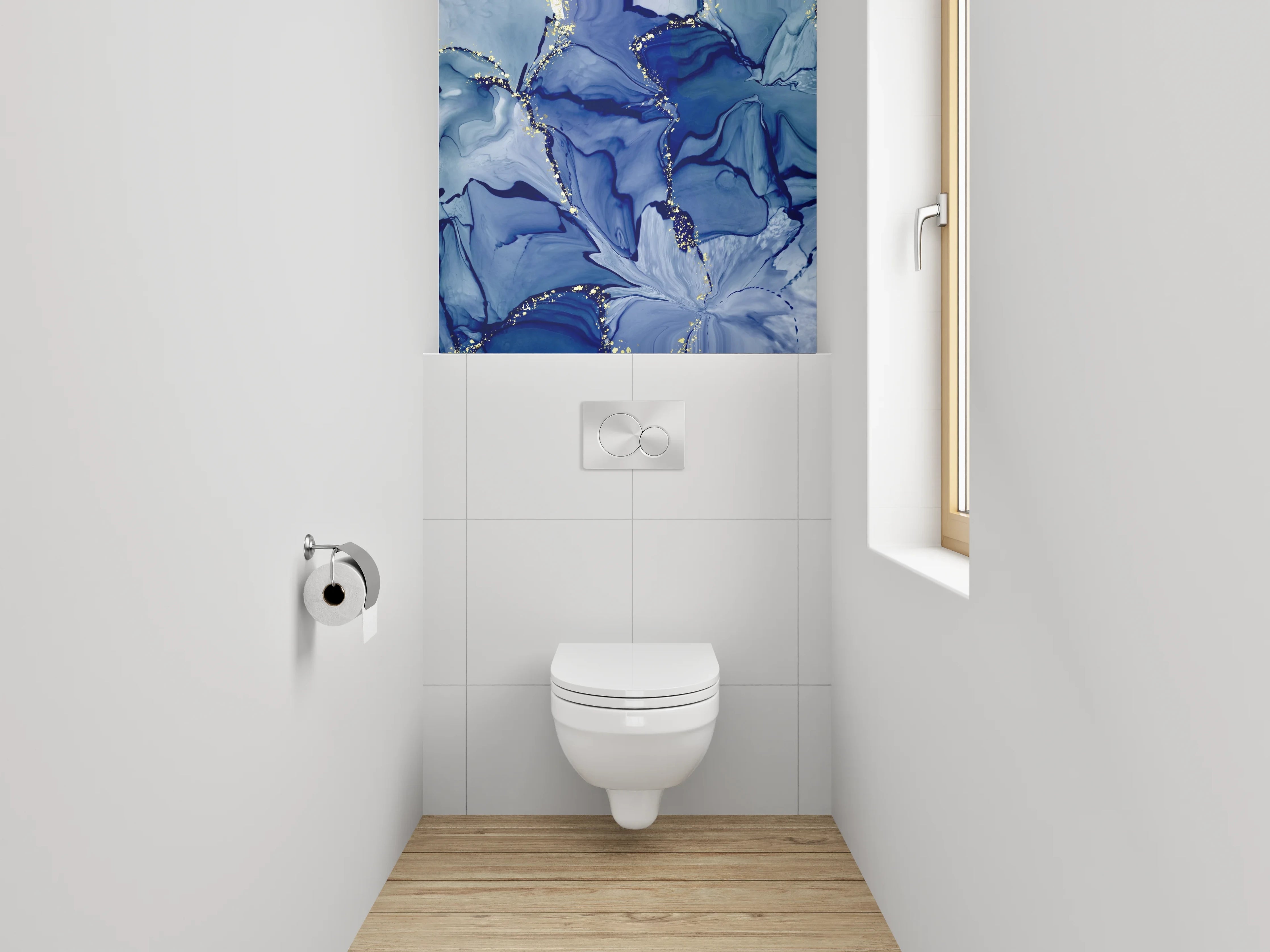 WC-Rückwand - Abstrakte blaue Aquarellkunst mit Gold