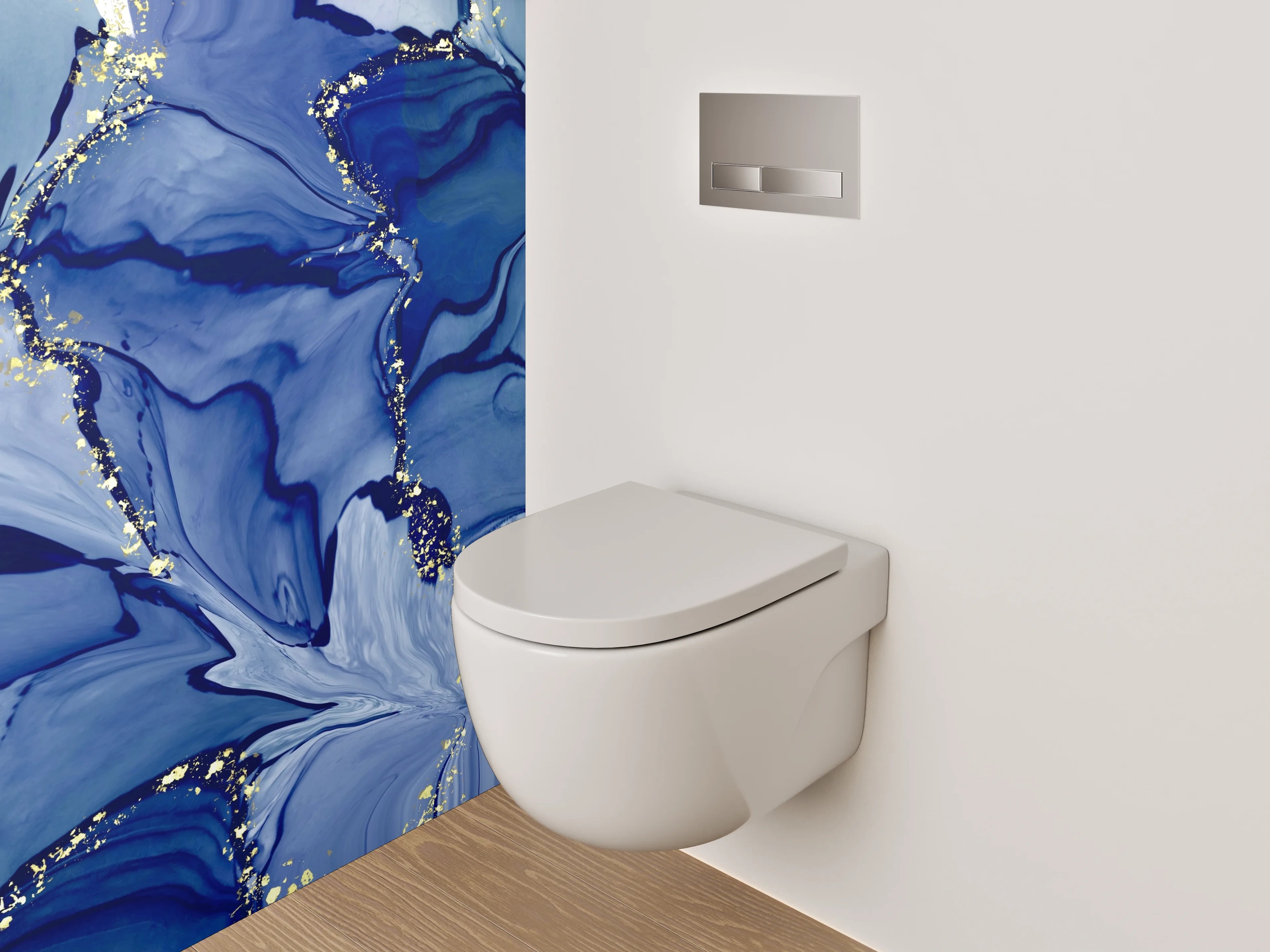 WC-Rückwand - Abstrakte blaue Aquarellkunst mit Gold