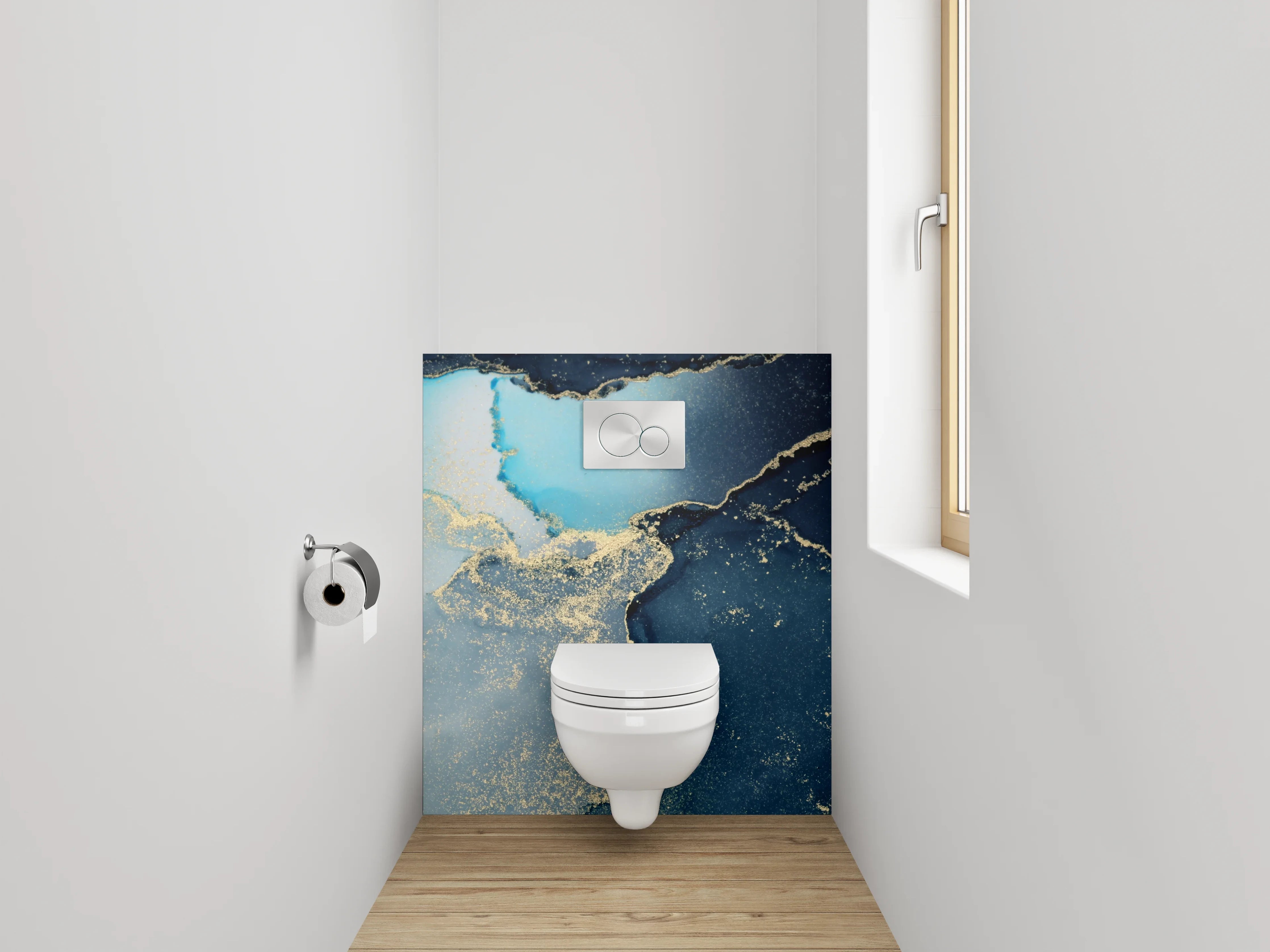 WC-Rückwand - Abstrakte blaue Marmor-Optik mit Gold
