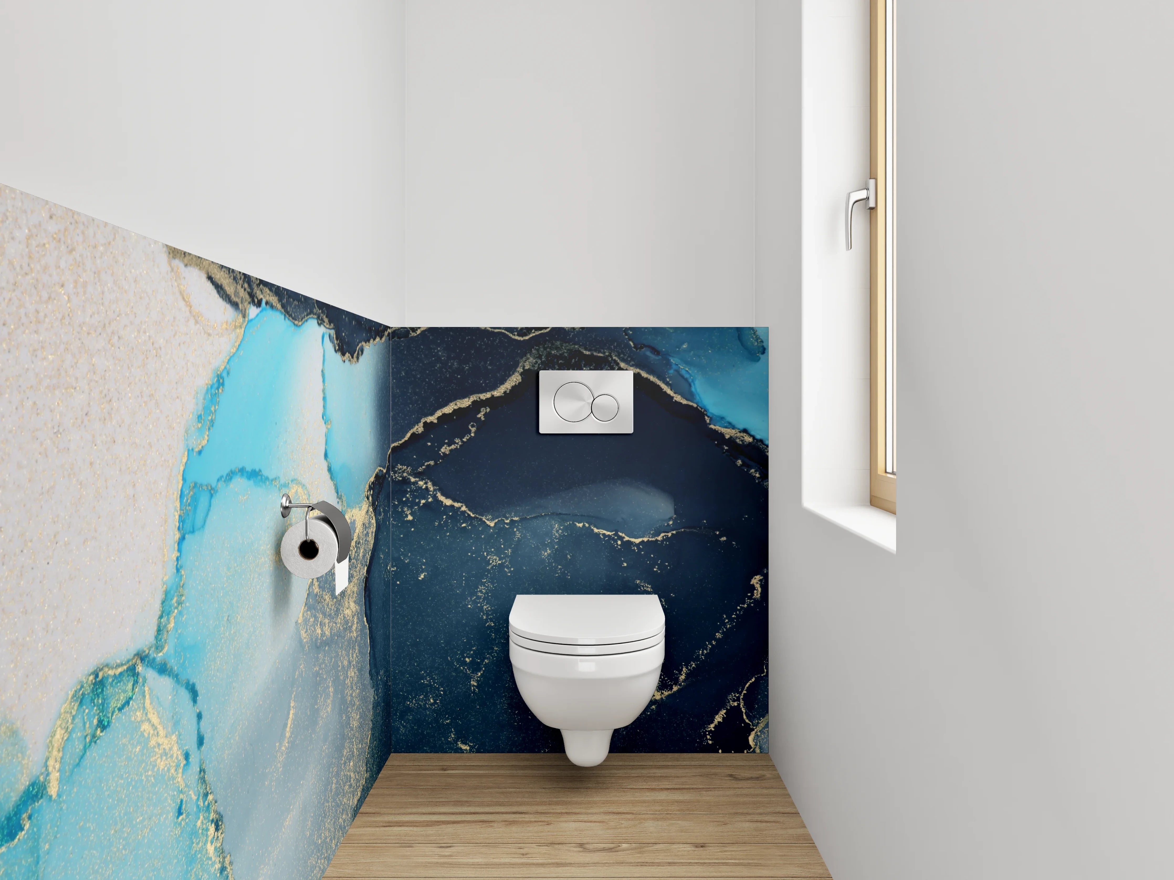 WC-Rückwand - Abstrakte blaue Marmor-Optik mit Gold