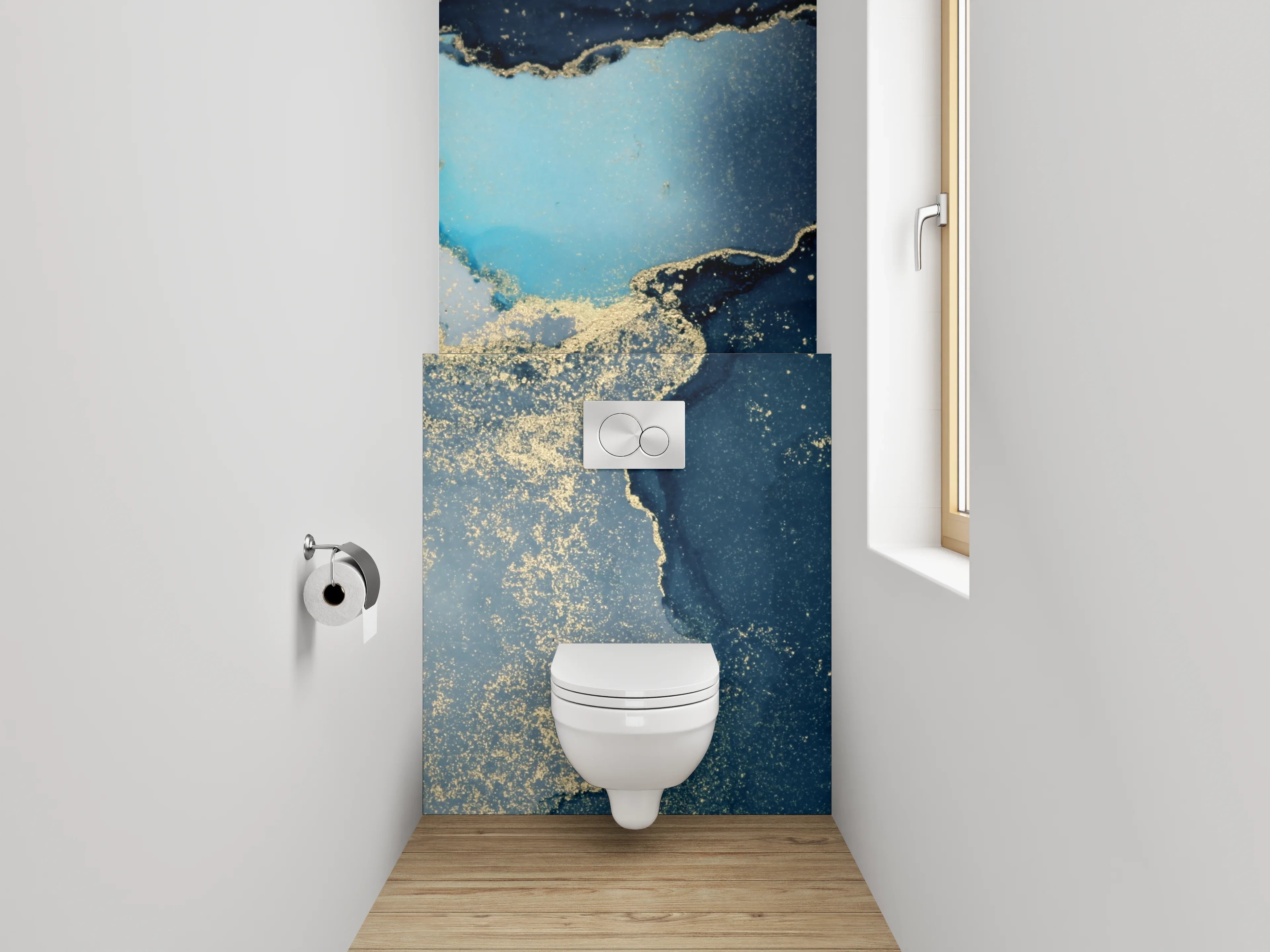 WC-Rückwand - Abstrakte blaue Marmor-Optik mit Gold