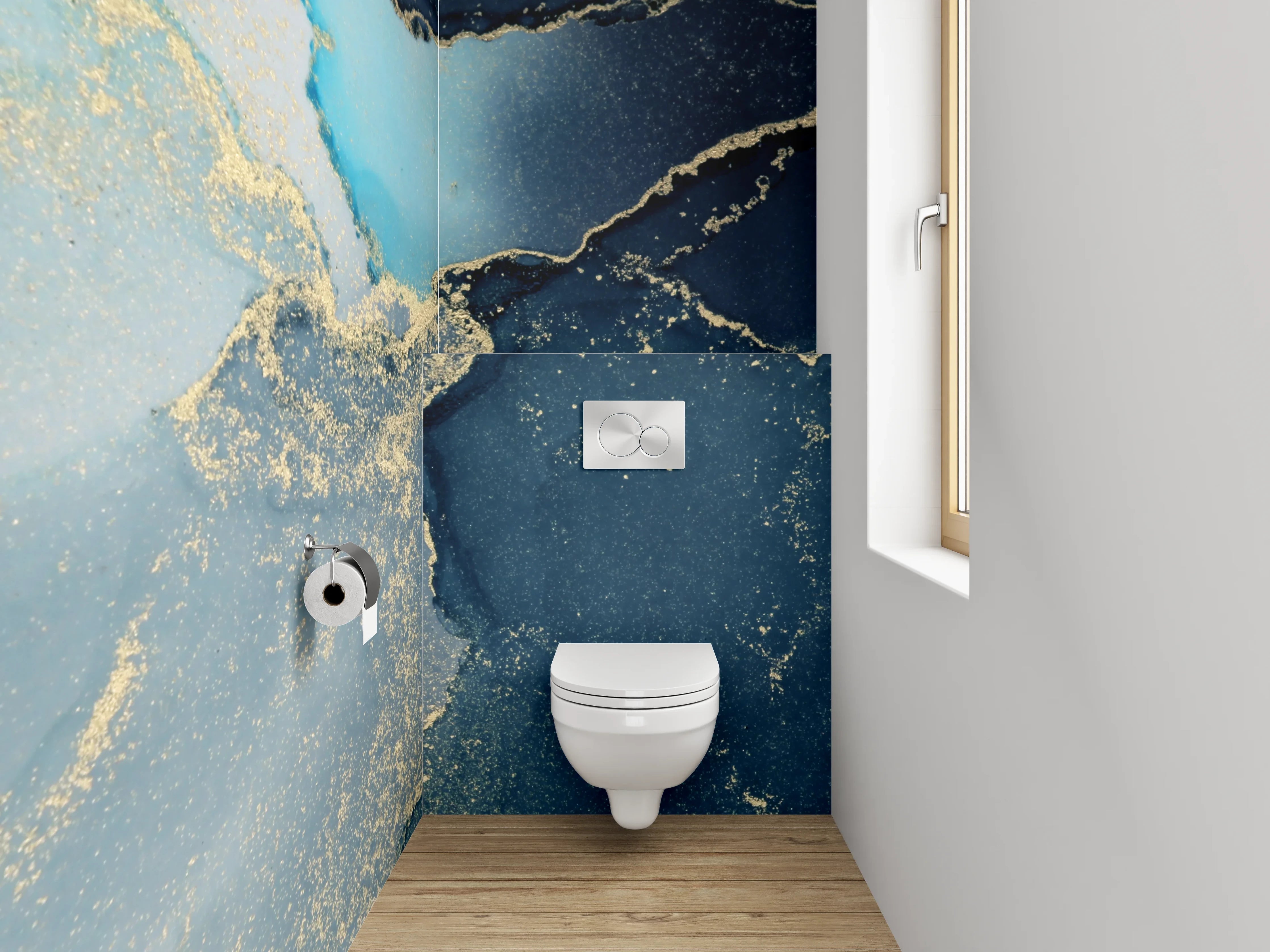 WC-Rückwand - Abstrakte blaue Marmor-Optik mit Gold