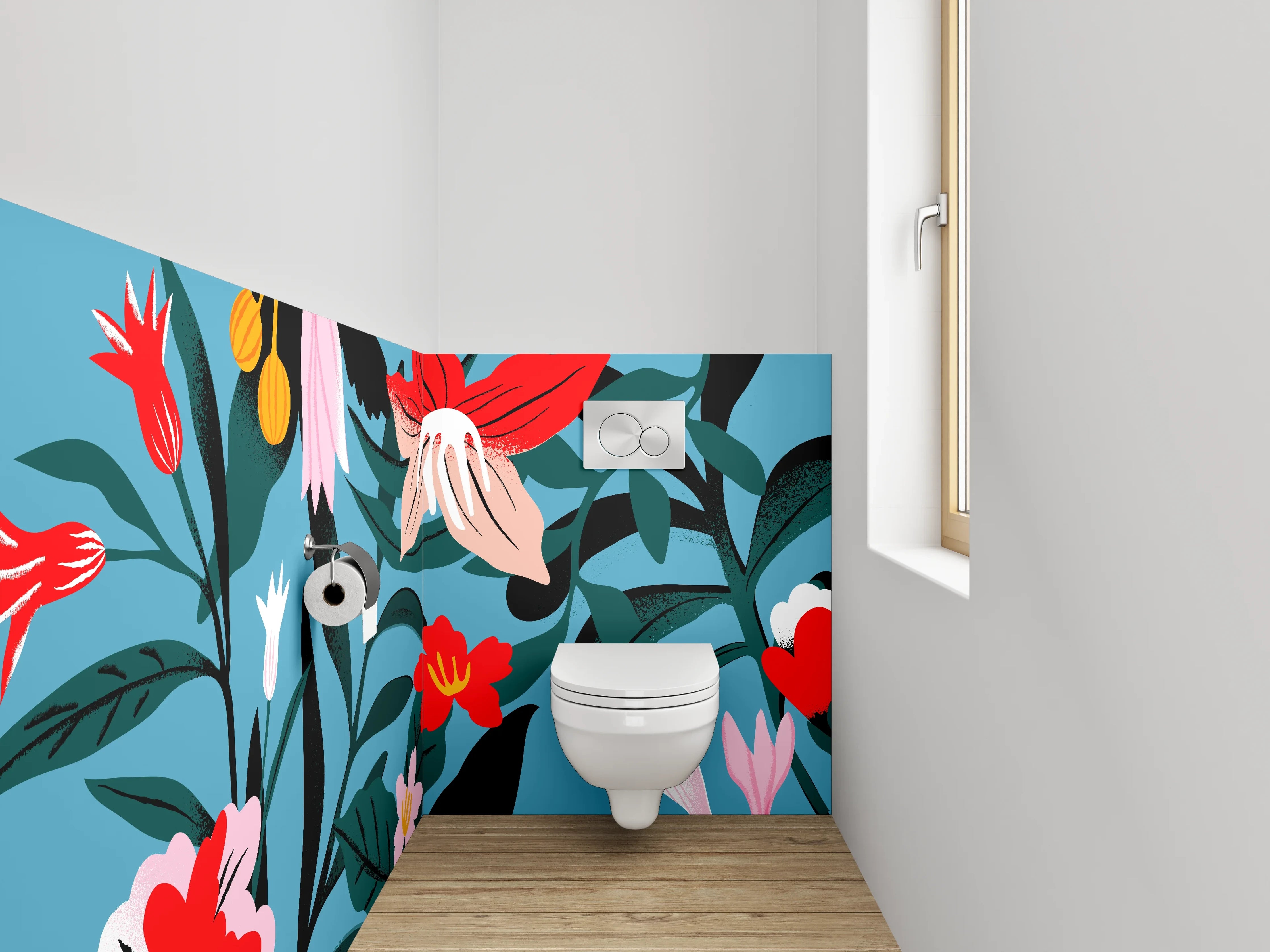 WC-Rückwand - Abstrakte florale Illustration auf Blau