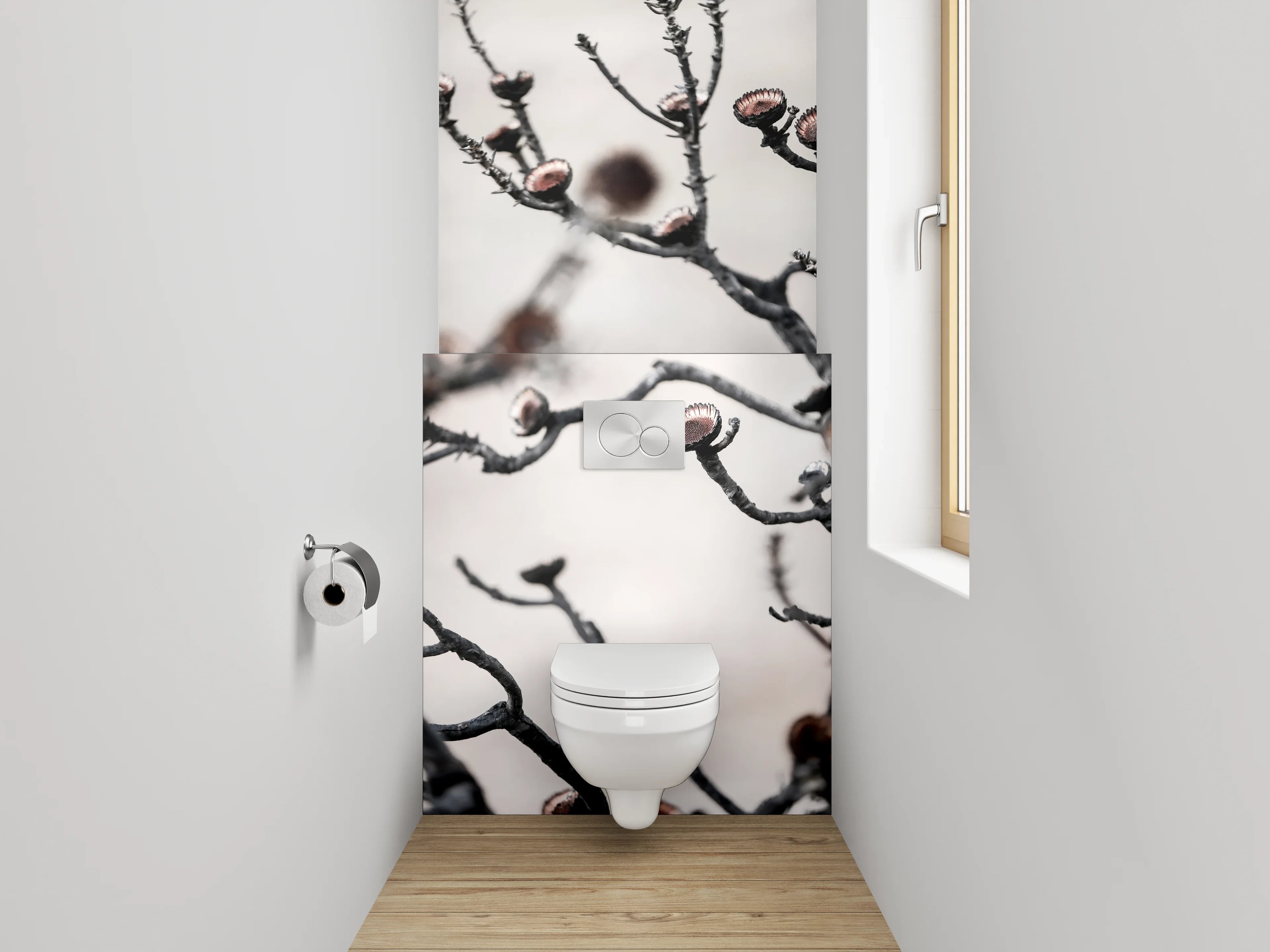 WC-Rückwand - Abstrakte getrocknete Blüten auf Weiß