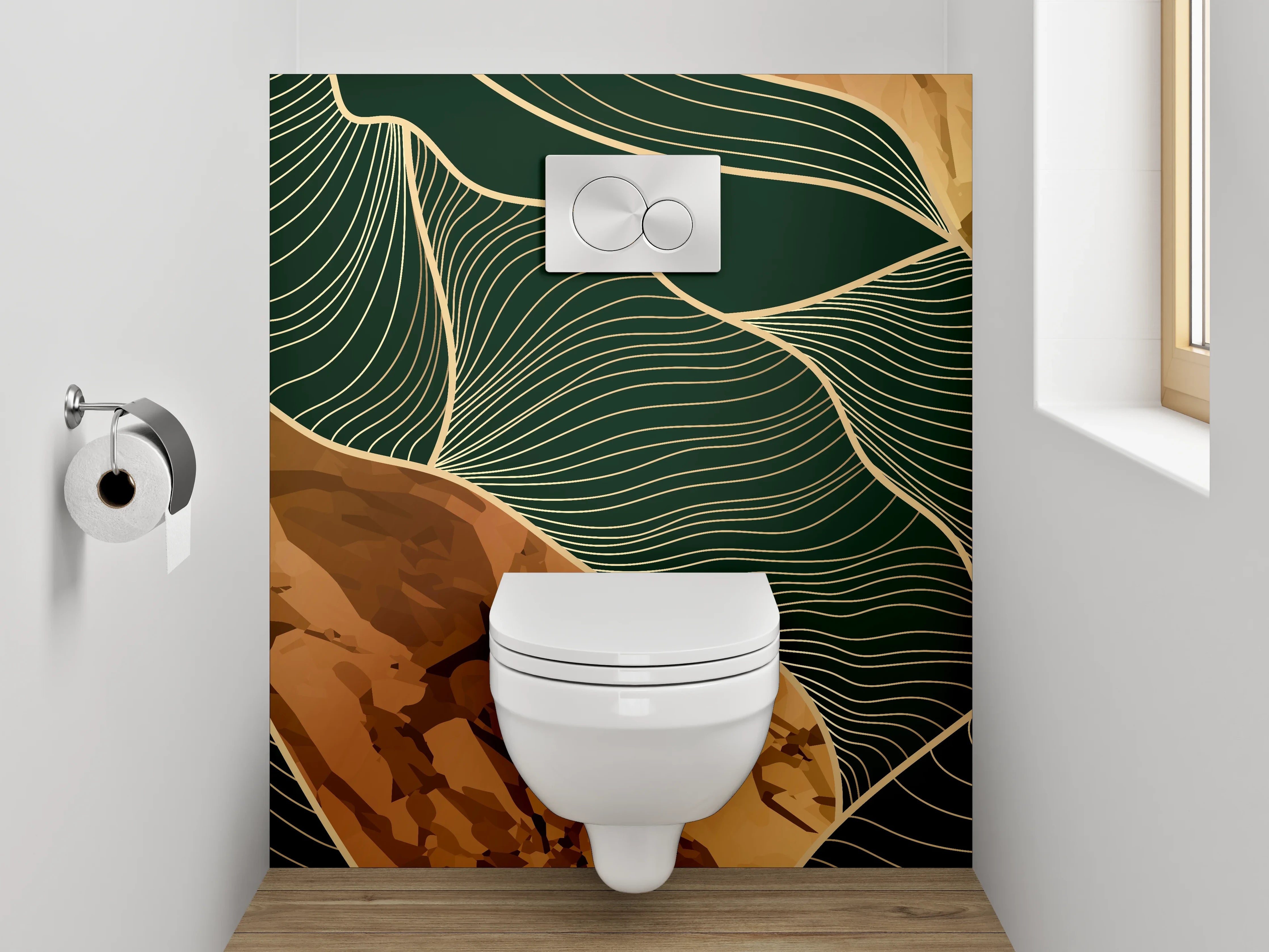 WC-Rückwand - Abstrakte goldene Linien auf Dunkelgrün
