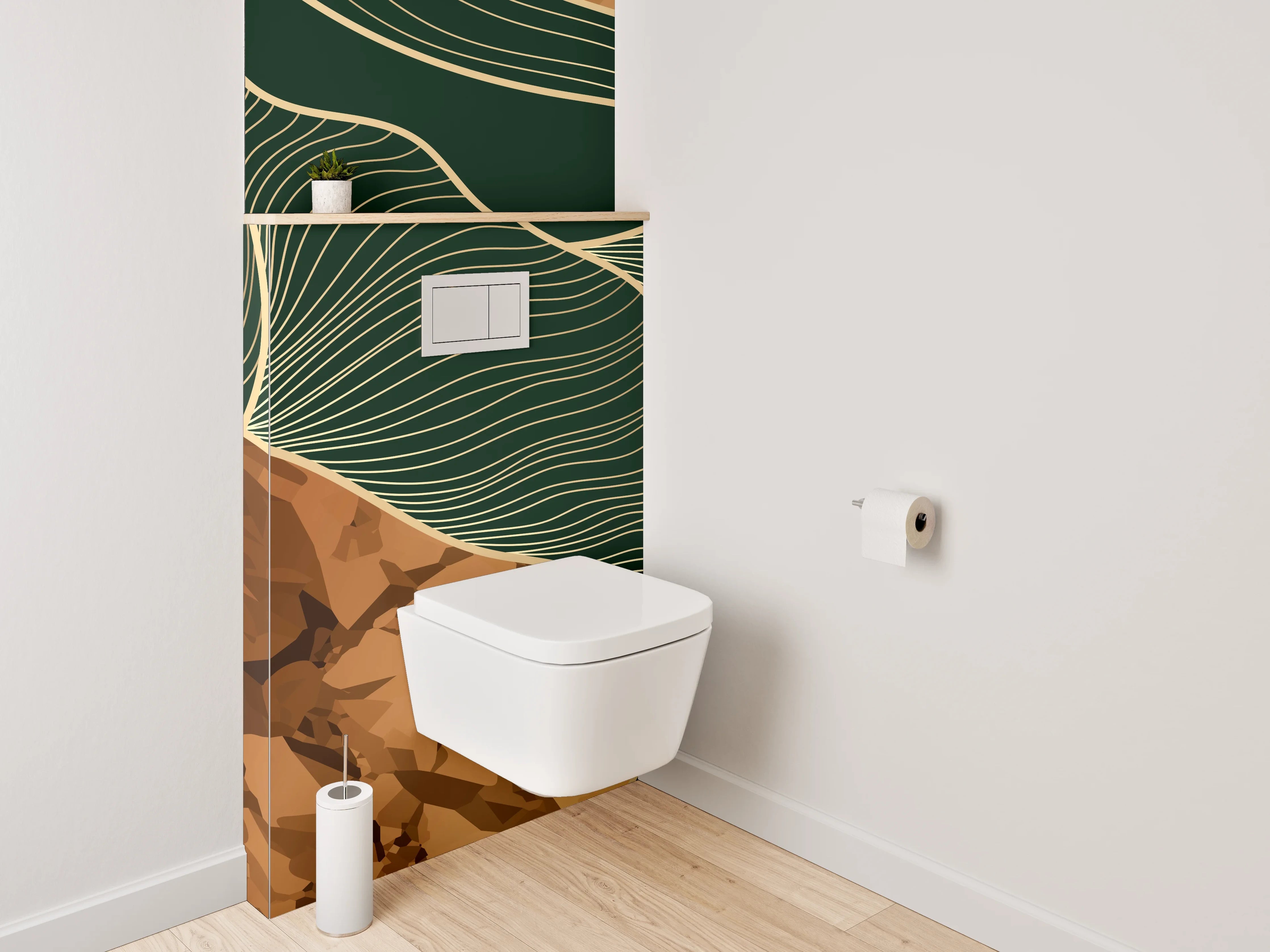WC-Rückwand - Abstrakte goldene Linien auf Dunkelgrün