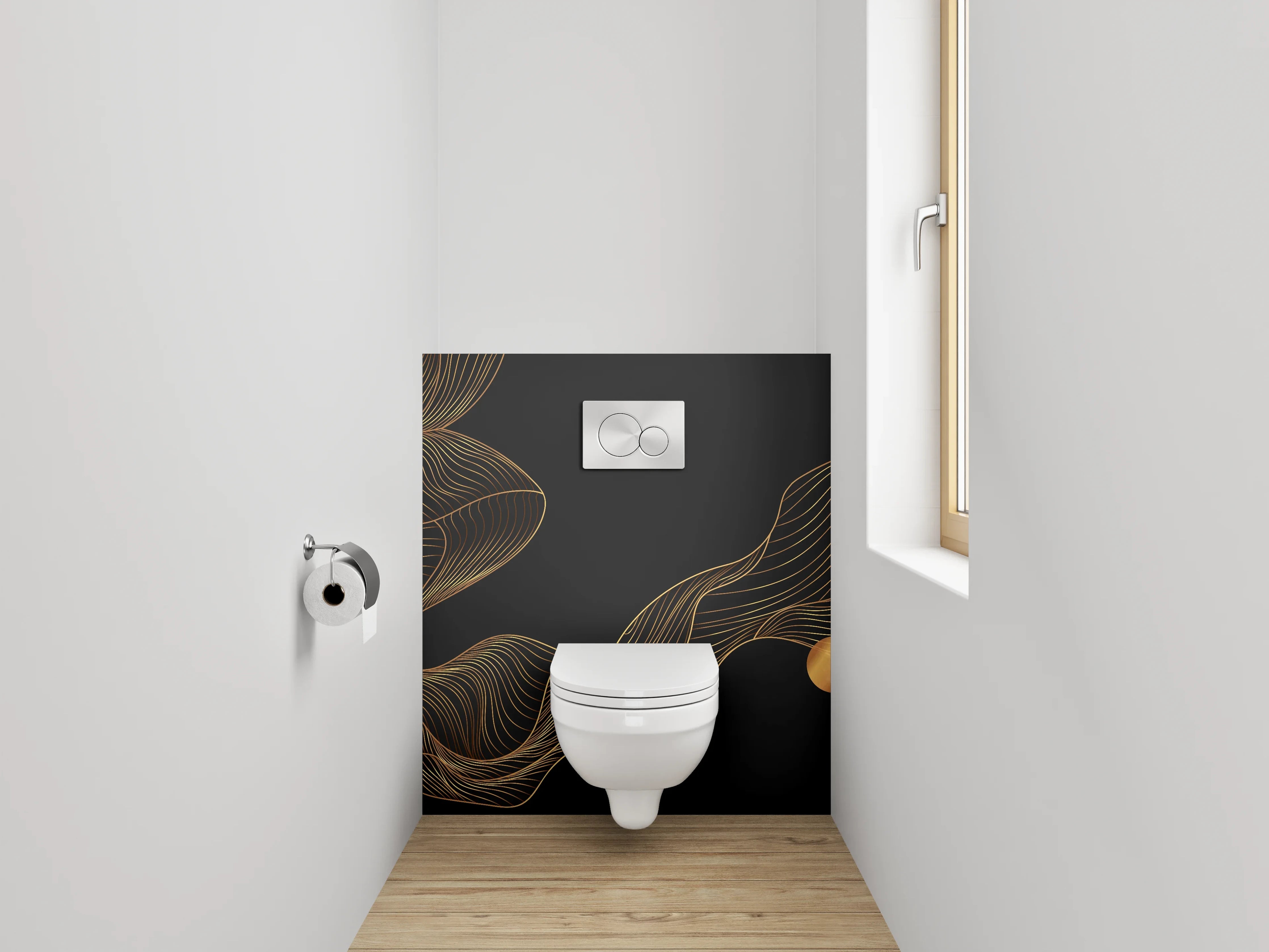 WC-Rückwand - Abstrakte goldene Linien auf Schwarz