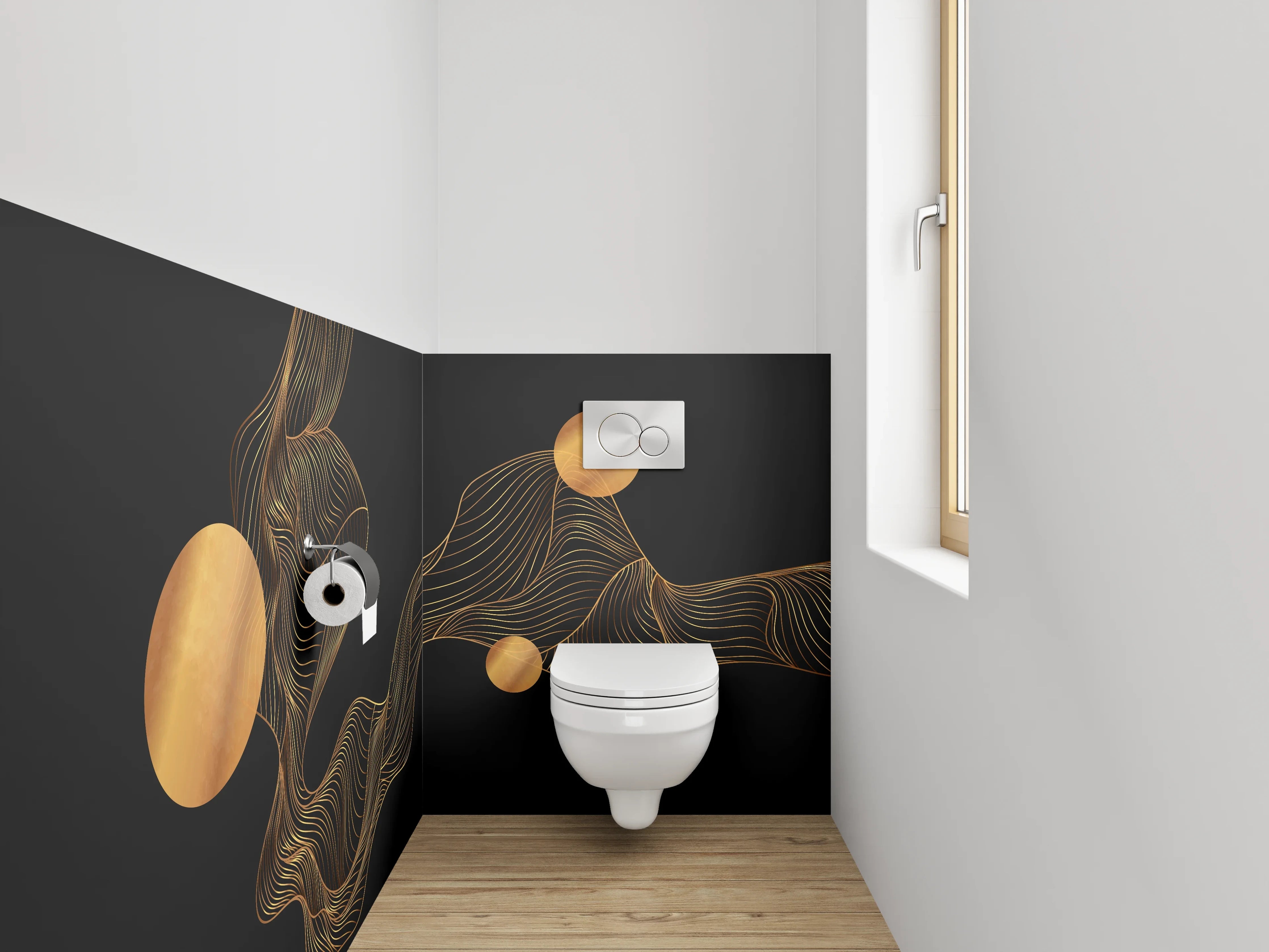WC-Rückwand - Abstrakte goldene Linien auf Schwarz