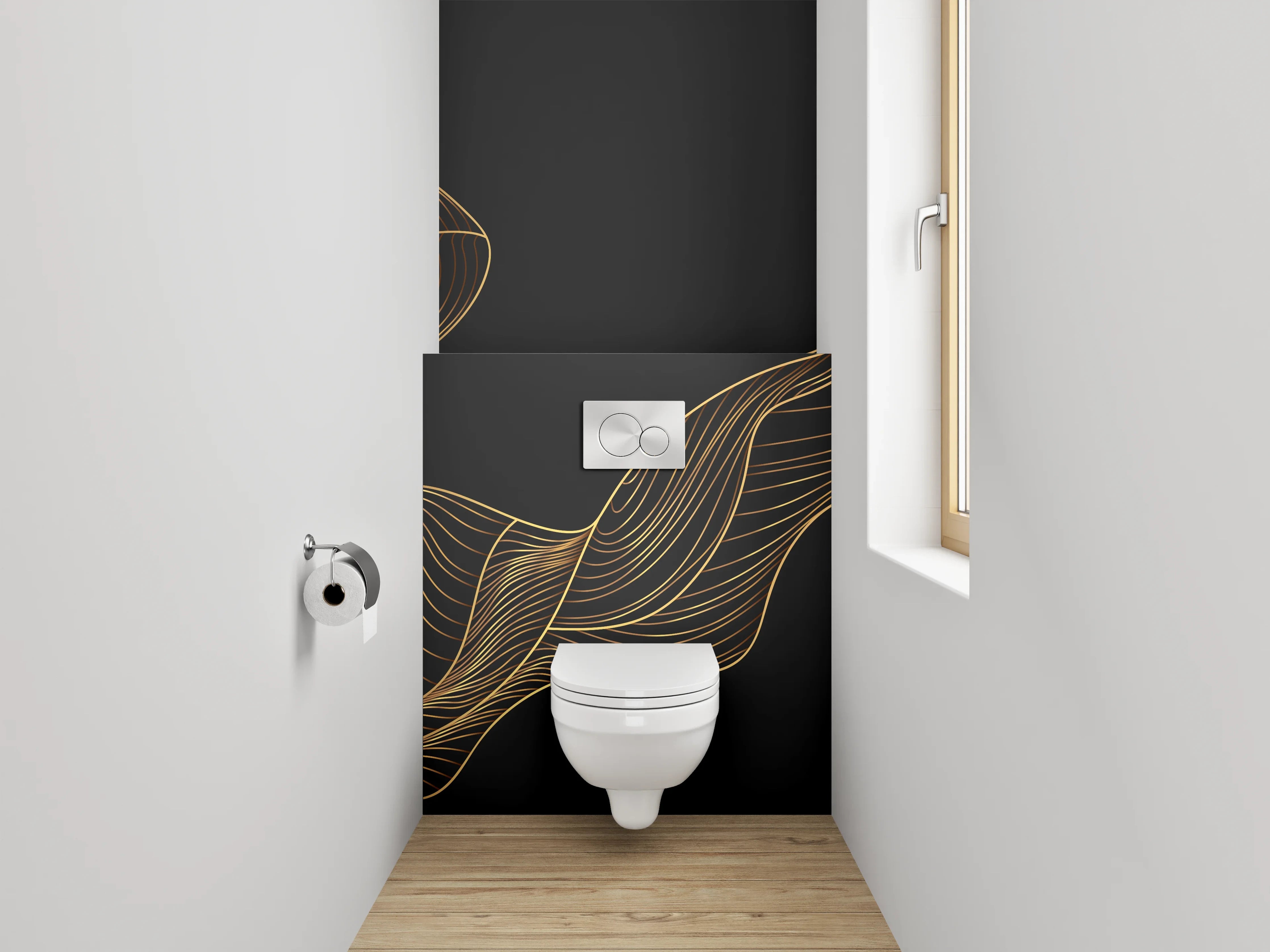 WC-Rückwand - Abstrakte goldene Linien auf Schwarz