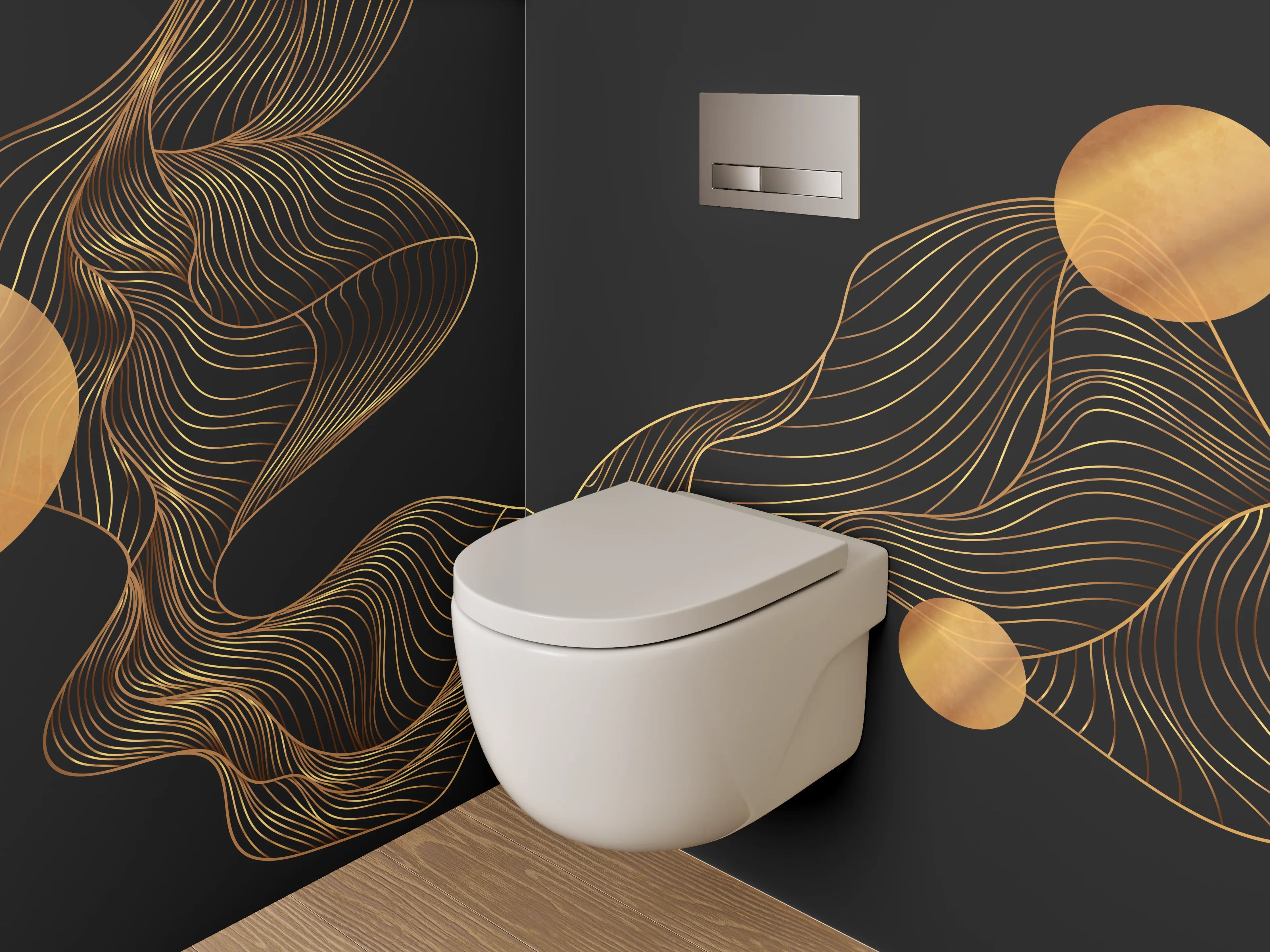 WC-Rückwand - Abstrakte goldene Linien auf Schwarz