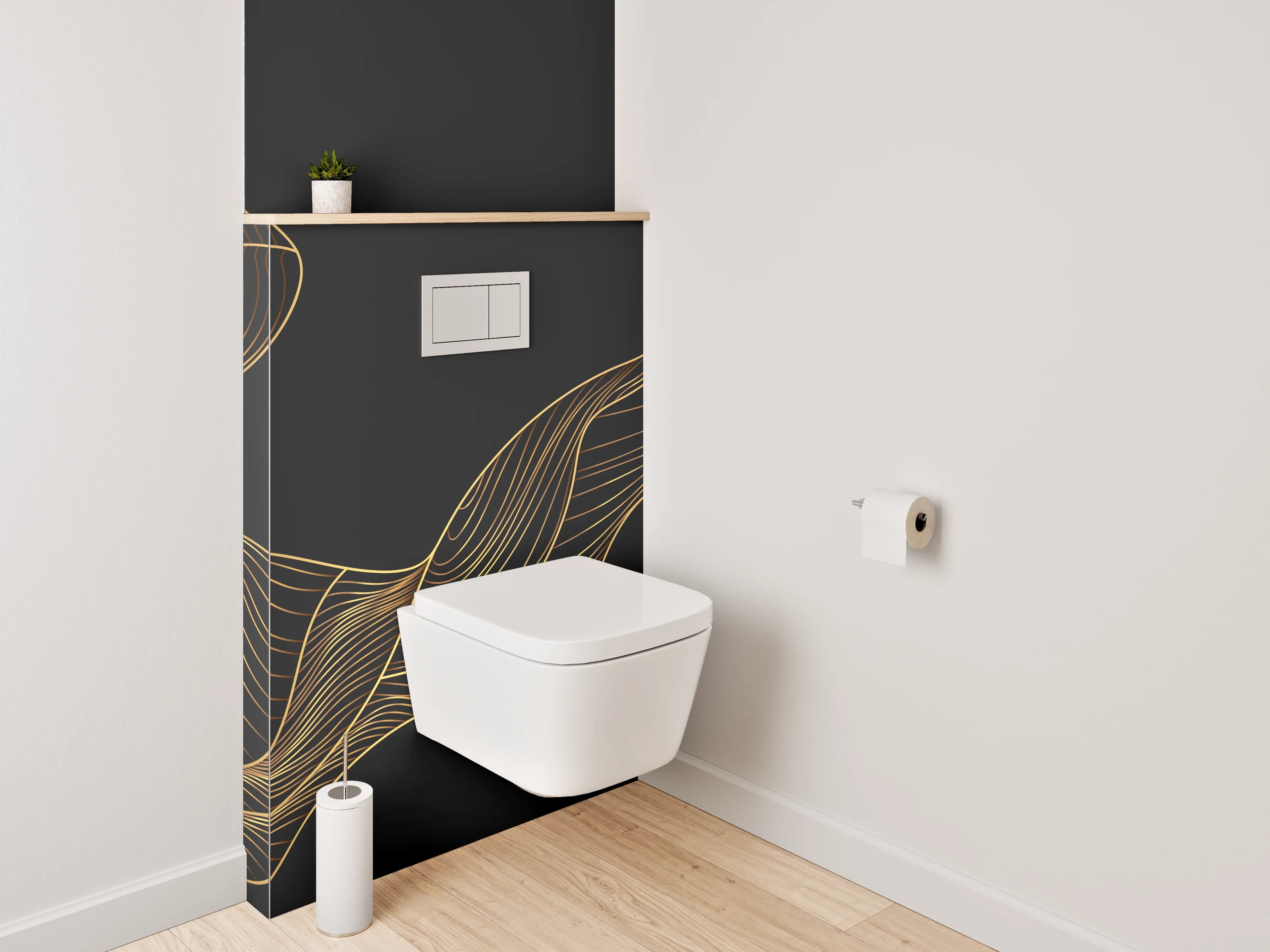 WC-Rückwand - Abstrakte goldene Linien auf Schwarz