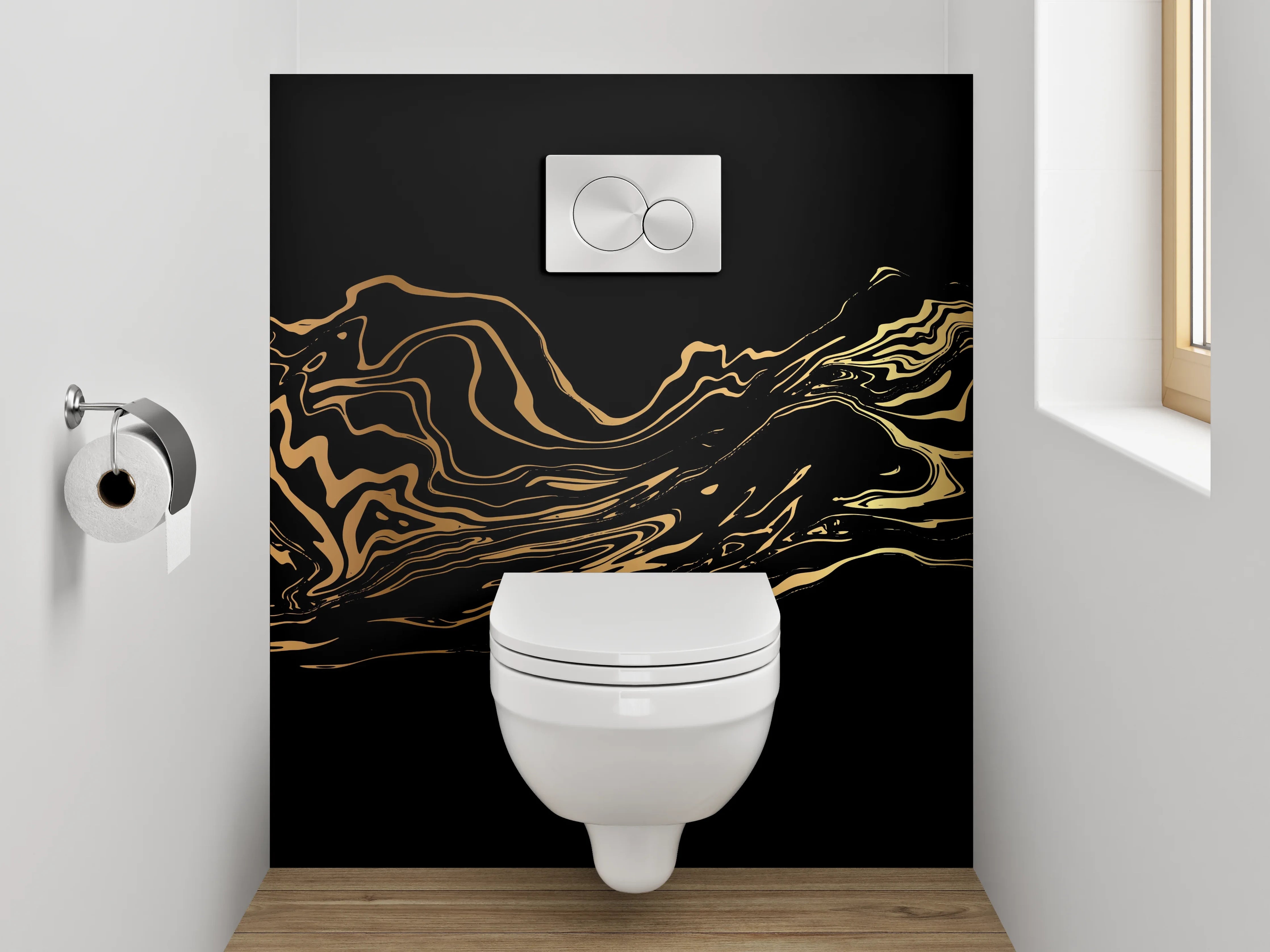 WC-Rückwand - Abstrakte goldene Wellen auf Schwarz