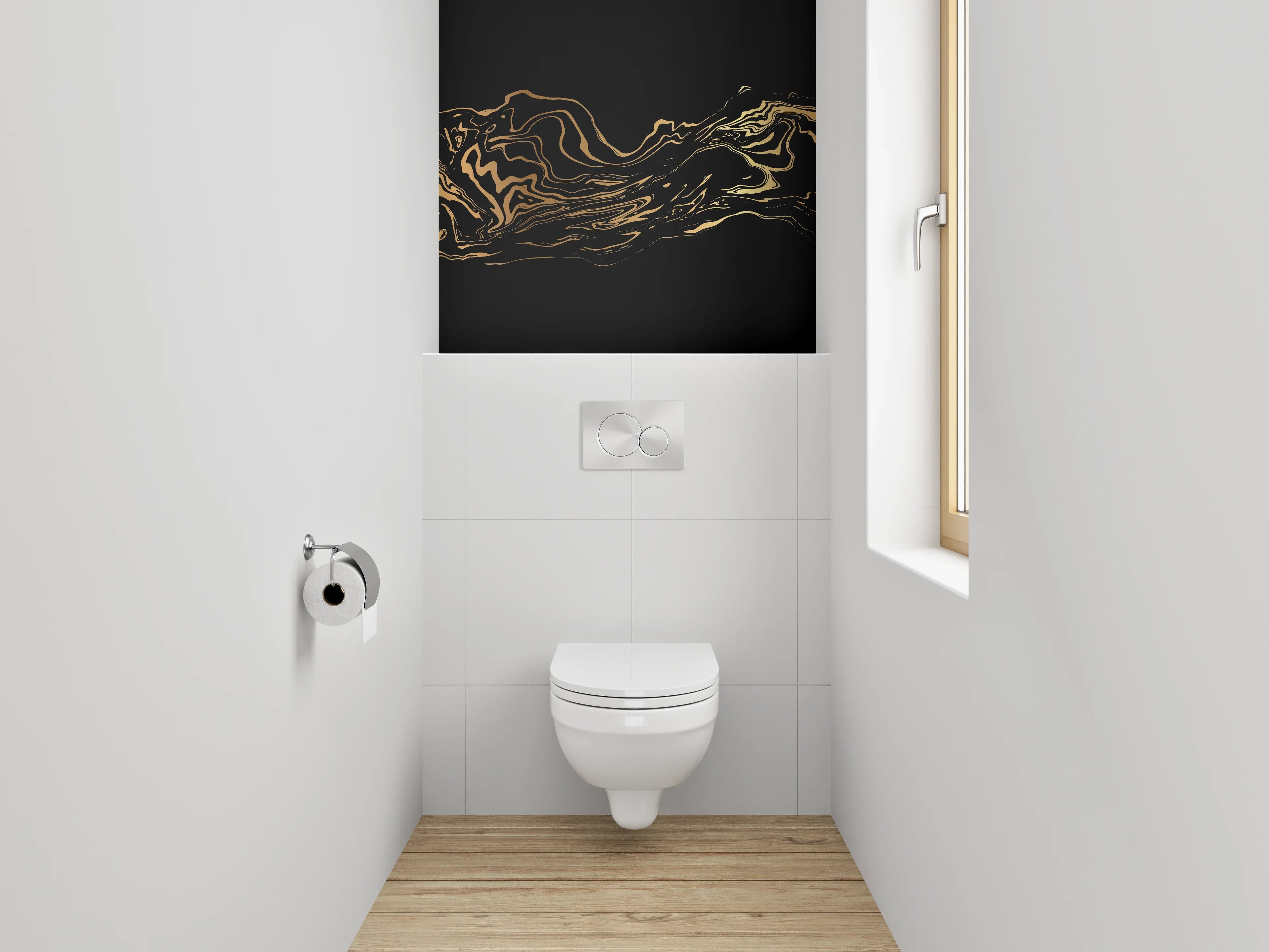 WC-Rückwand - Abstrakte goldene Wellen auf Schwarz