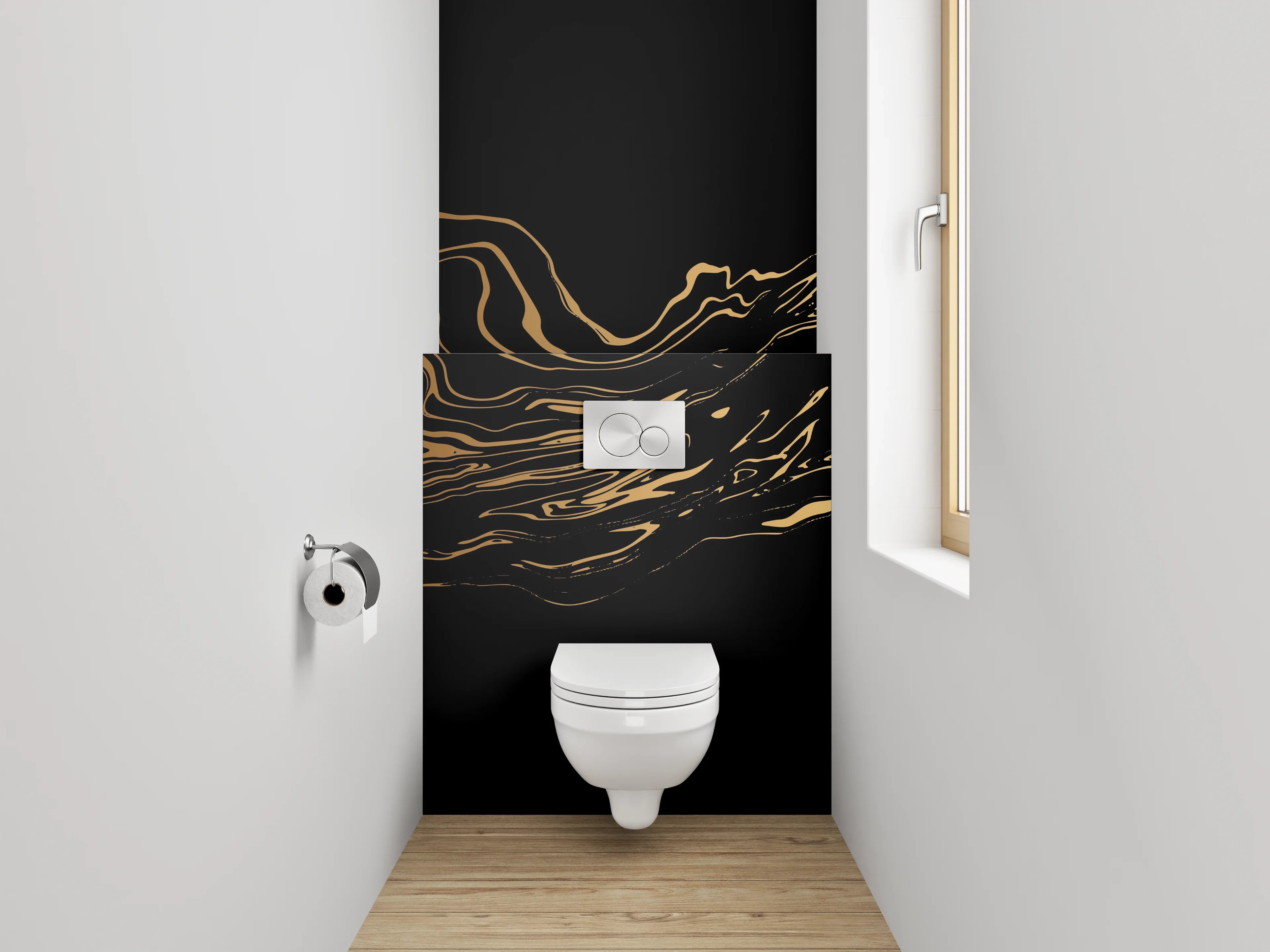 WC-Rückwand - Abstrakte goldene Wellen auf Schwarz