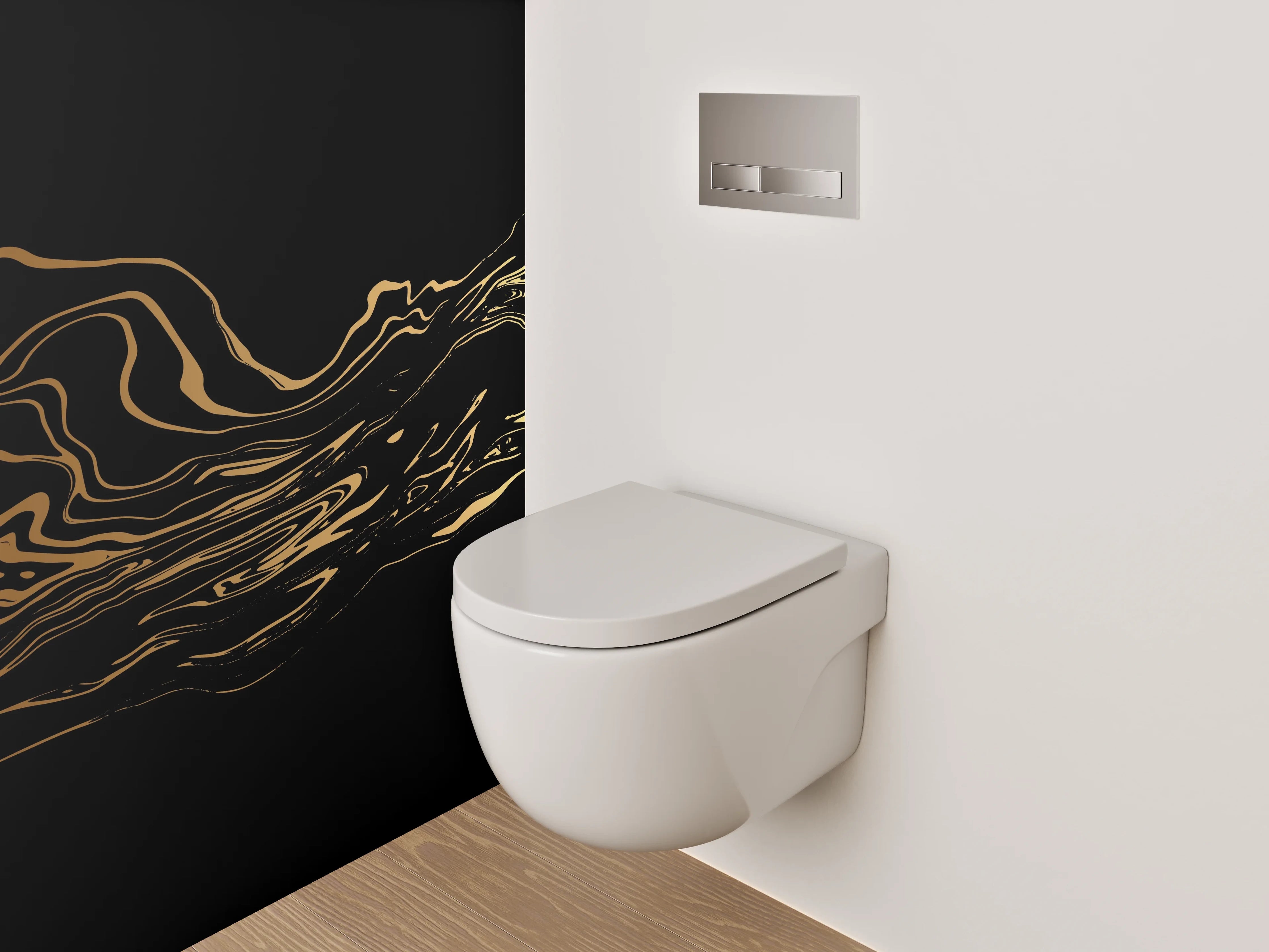 WC-Rückwand - Abstrakte goldene Wellen auf Schwarz