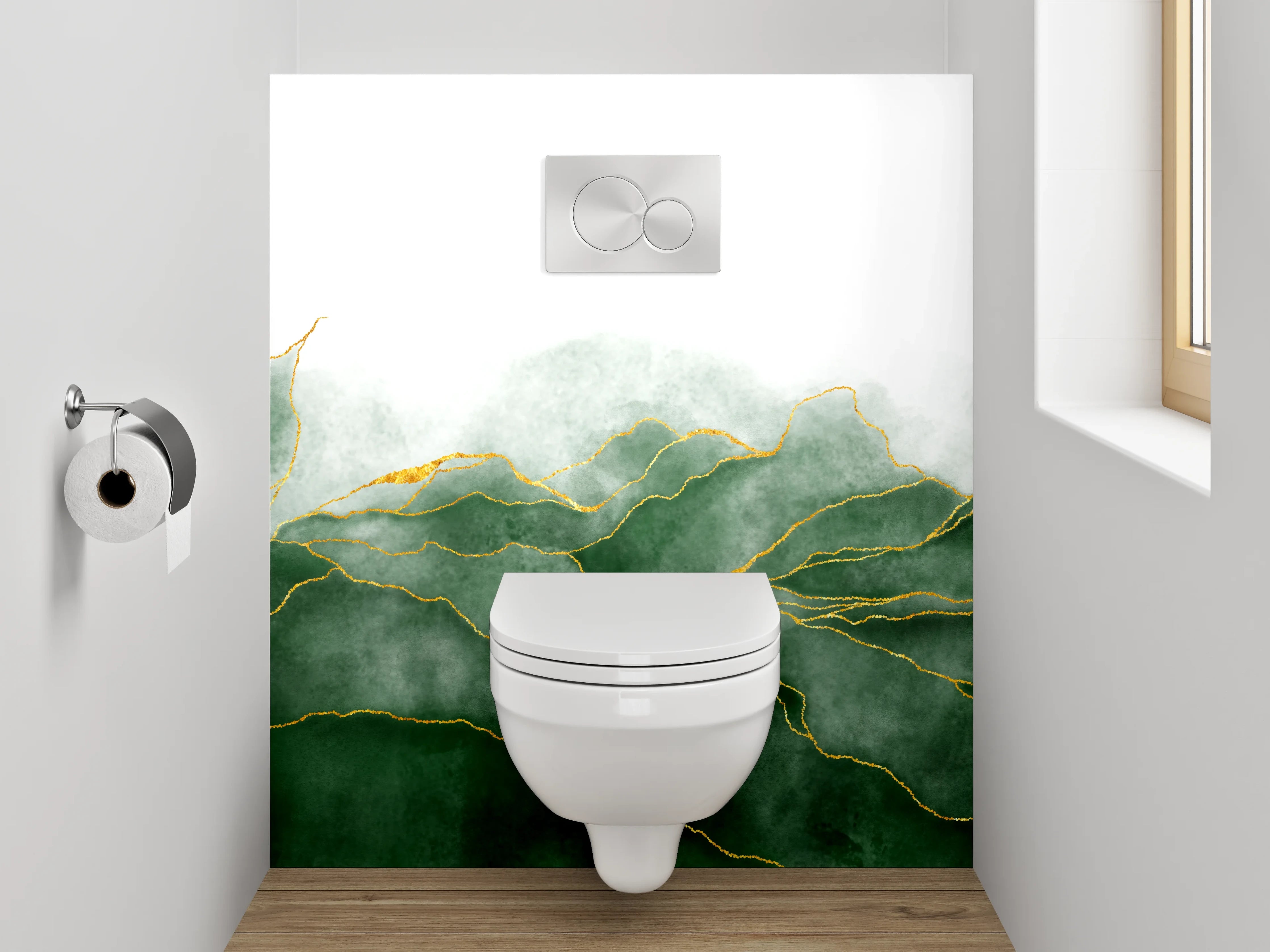 WC-Rückwand - Abstrakte grüne Blätter mit Goldlinien