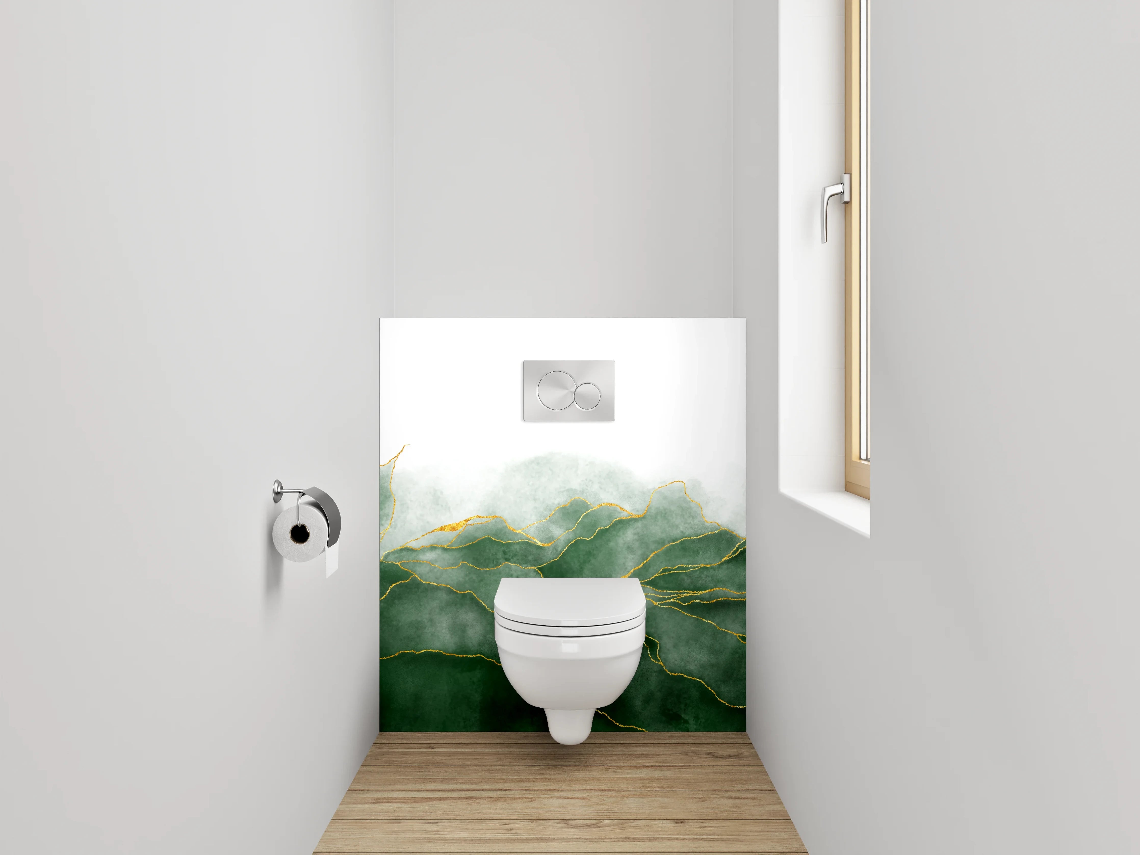 WC-Rückwand - Abstrakte grüne Blätter mit Goldlinien