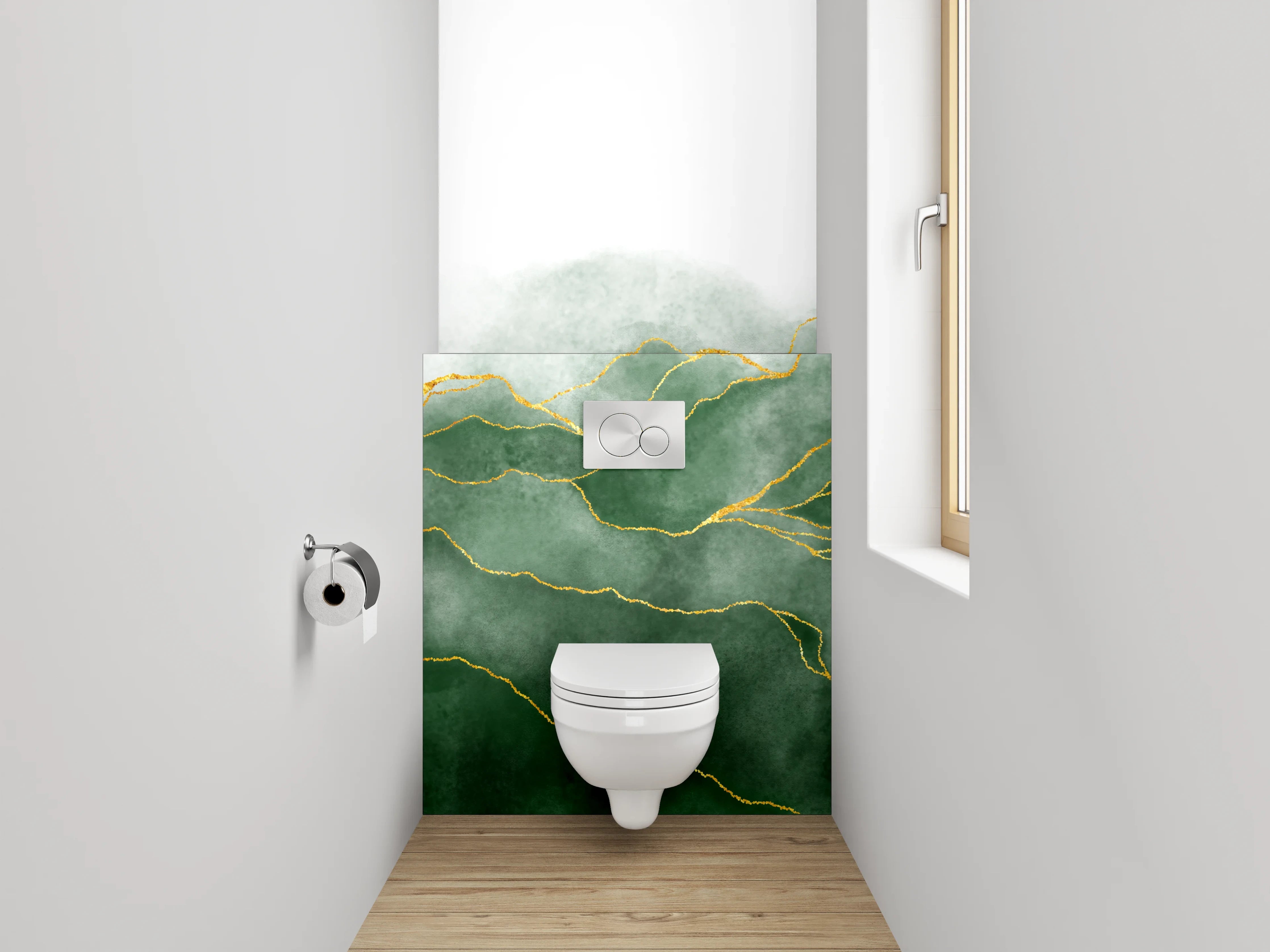 WC-Rückwand - Abstrakte grüne Blätter mit Goldlinien