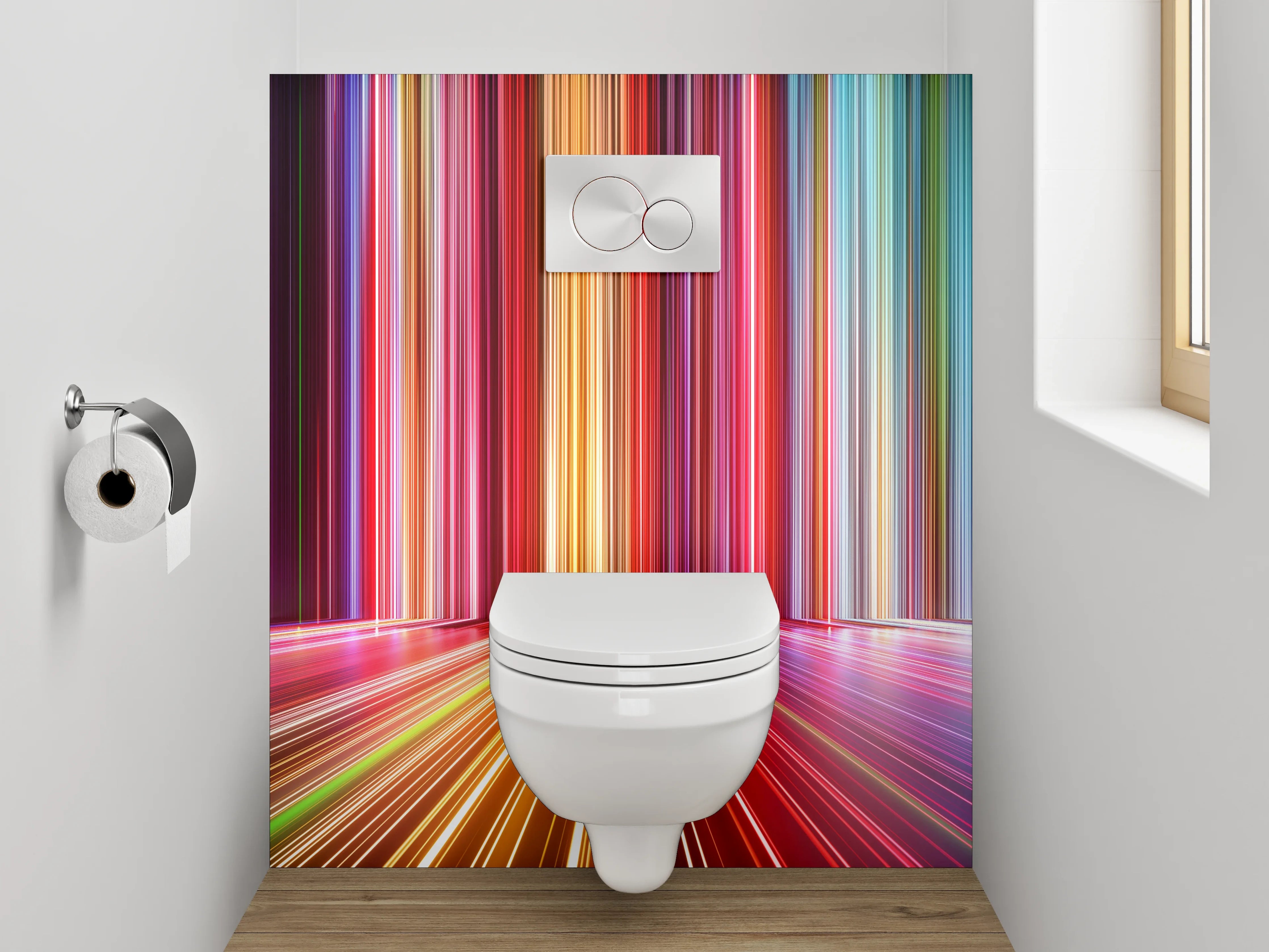 WC-Rückwand - Abstrakte leuchtende Lichtstreifen Bunt
