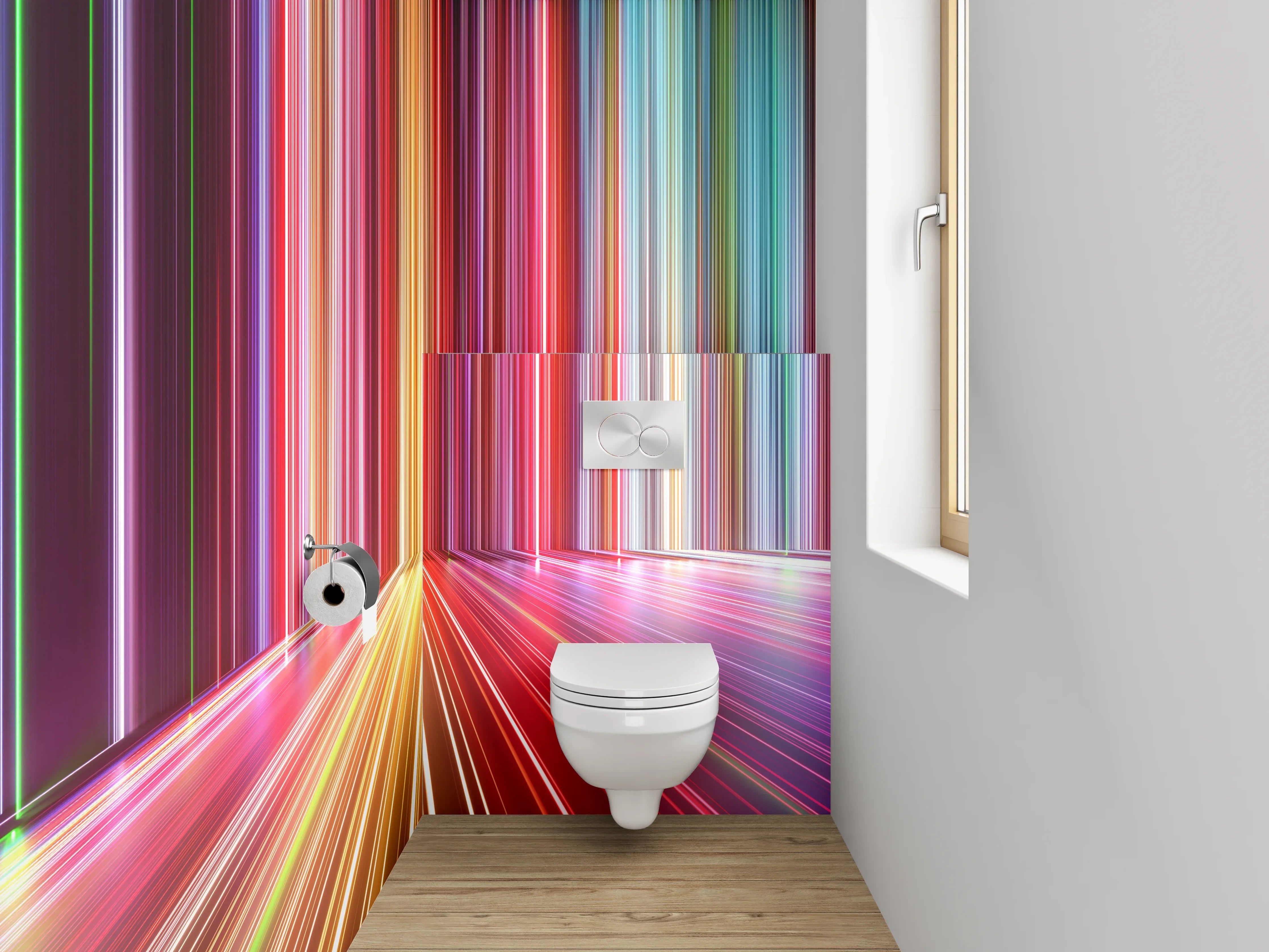 WC-Rückwand - Abstrakte leuchtende Lichtstreifen Bunt