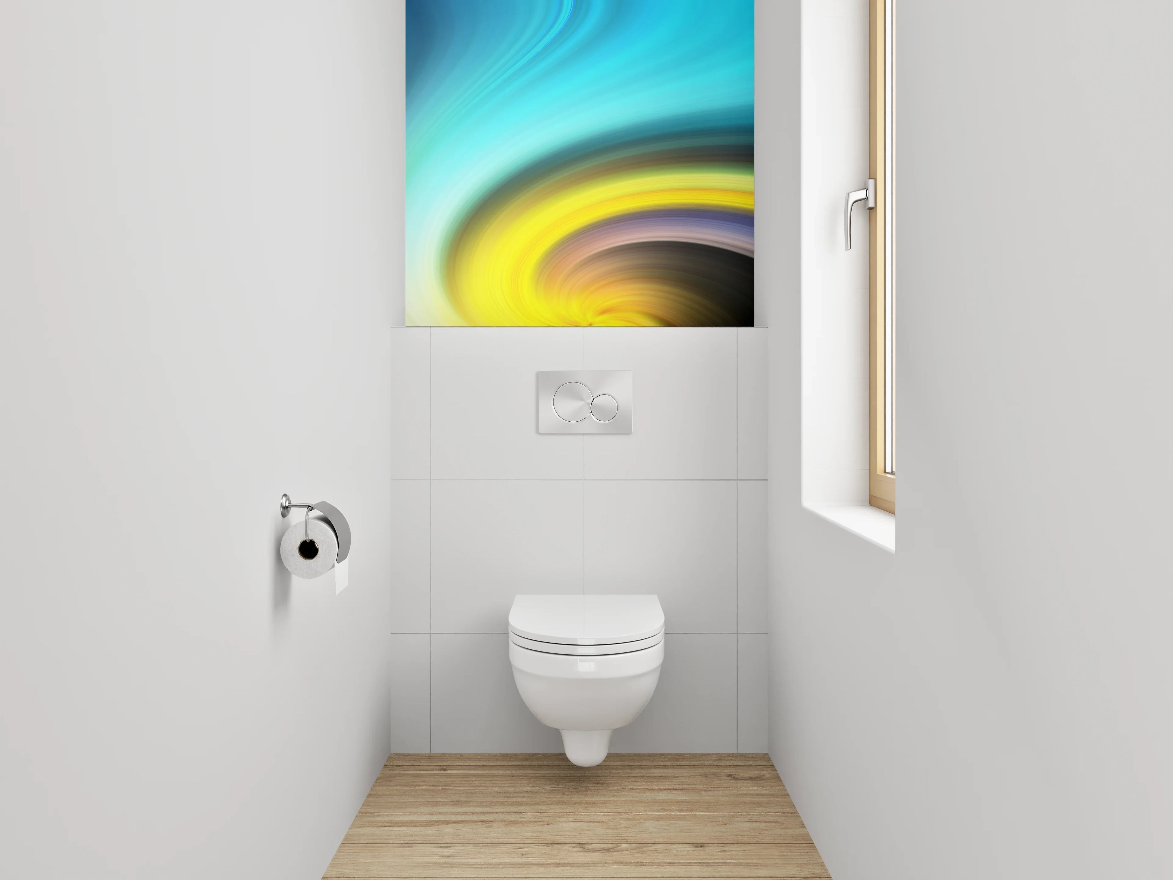 WC-Rückwand - Abstrakter Farbwirbel in Gelb und Blau