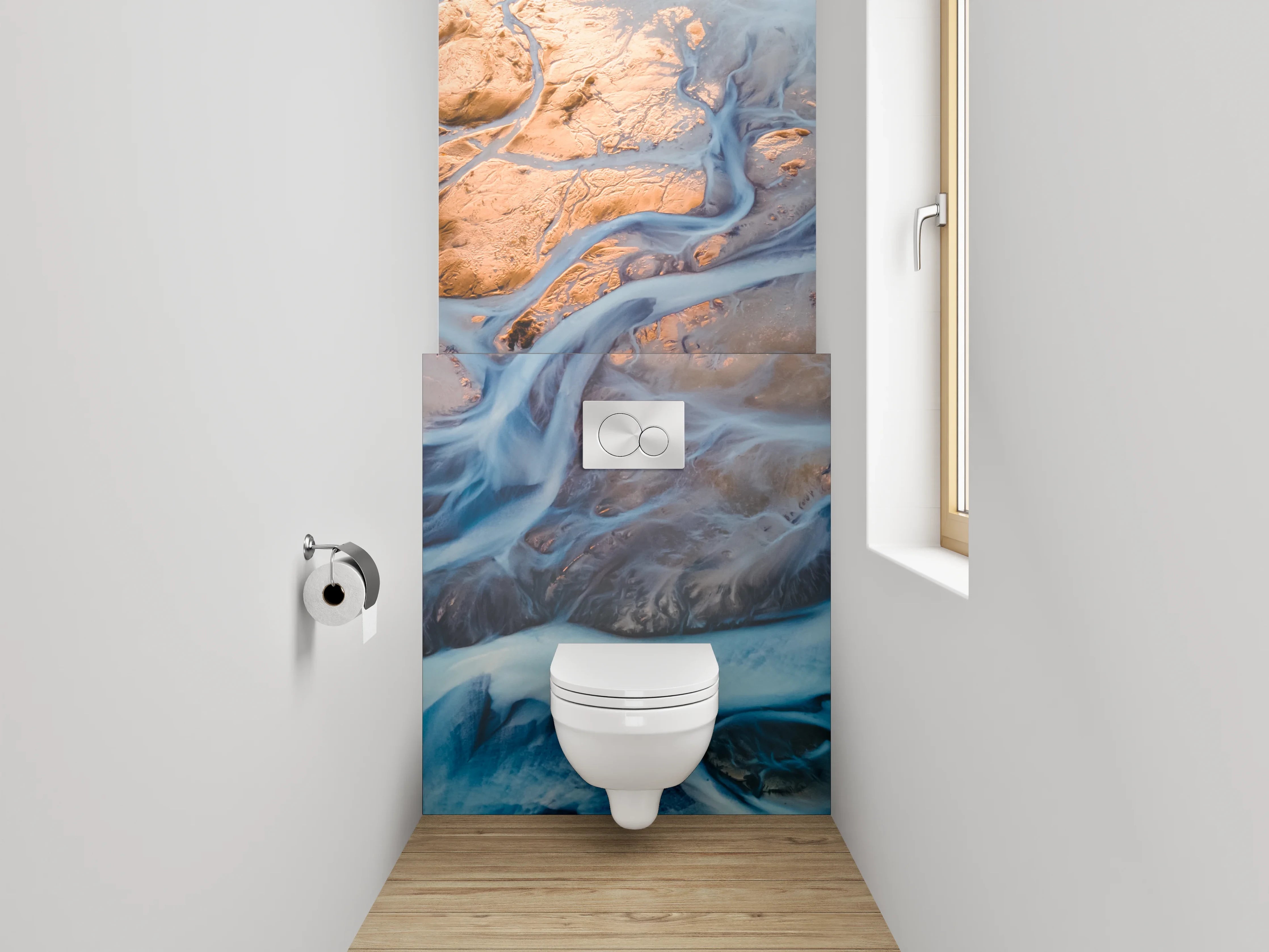WC-Rückwand - Abstrakter Flusslauf in Blau und Gold