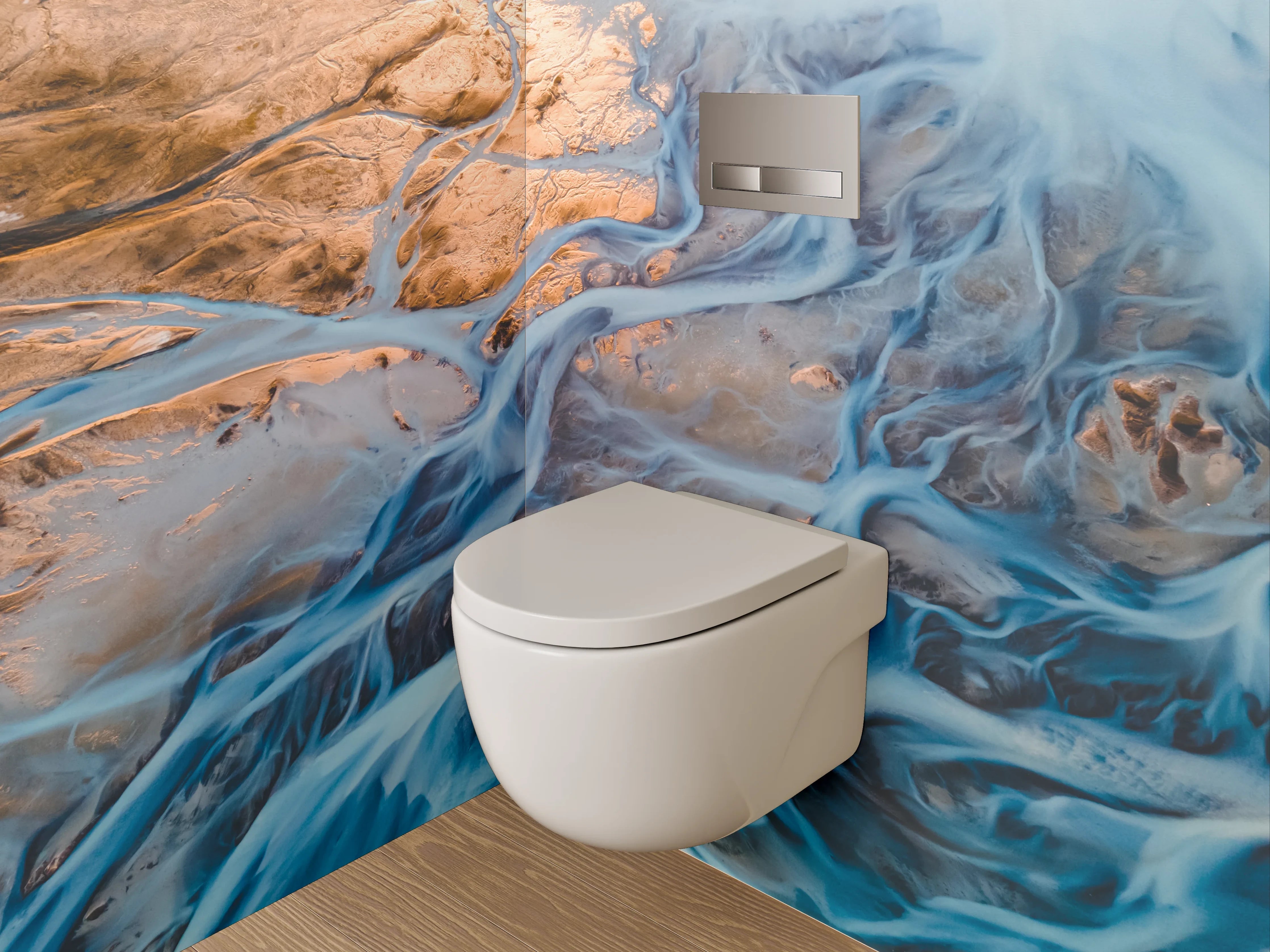 WC-Rückwand - Abstrakter Flusslauf in Blau und Gold